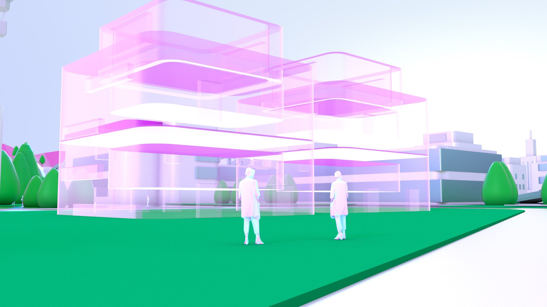 A futuristic architectural design featuring a transparent, pinkish building with multiple levels, surrounded by green trees and two people observing the structure.