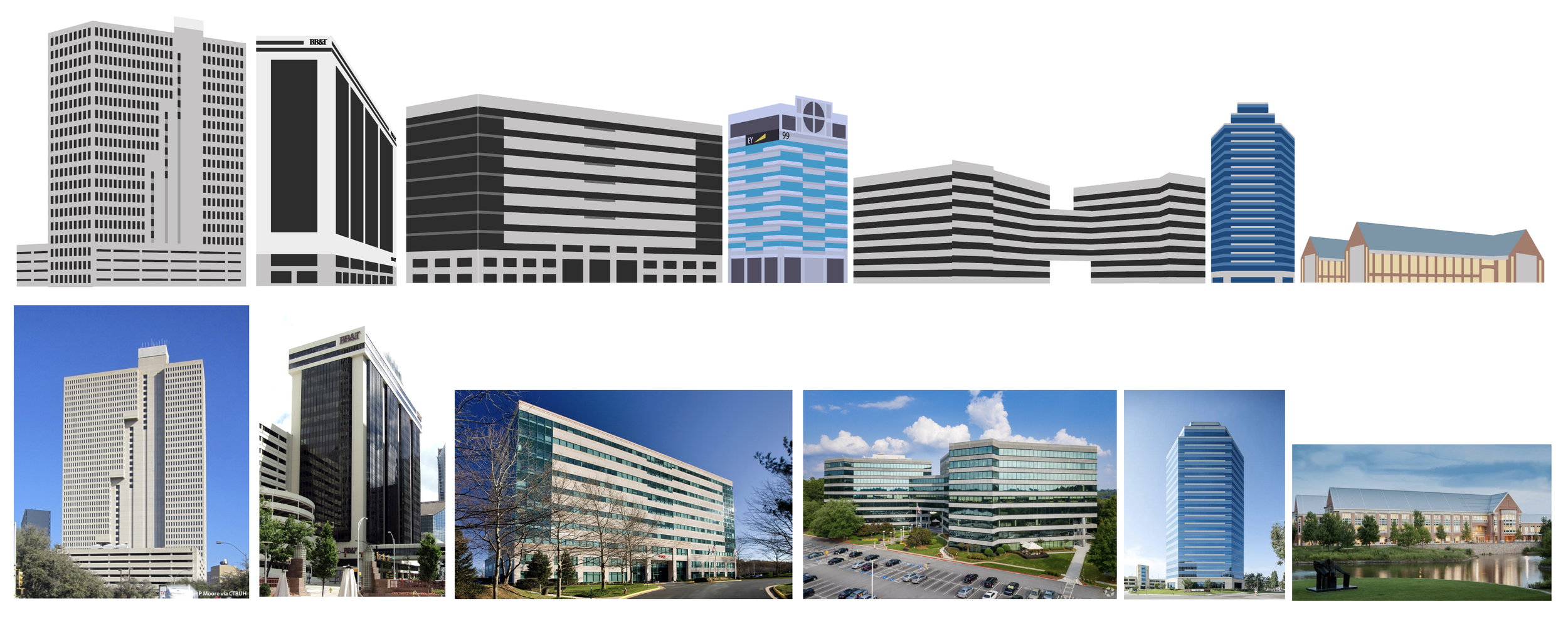 Illustration and photographs of various modern office buildings and skyscrapers in a city skyline.