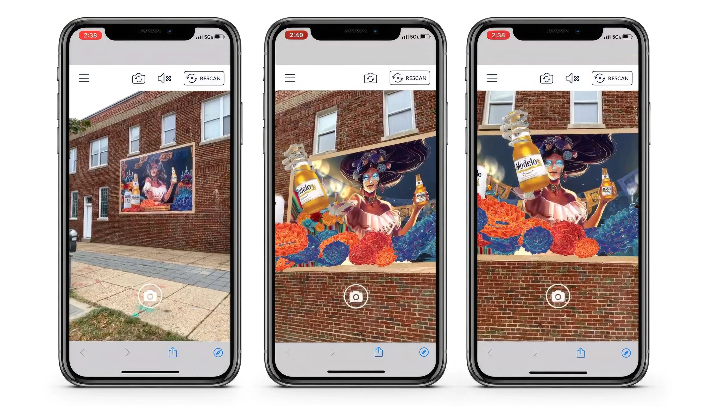 Triptych of iPhone screens displaying an image of a vibrant mural of a woman holding a Modelo beer bottle, surrounded by colorful flowers, on a brick wall.