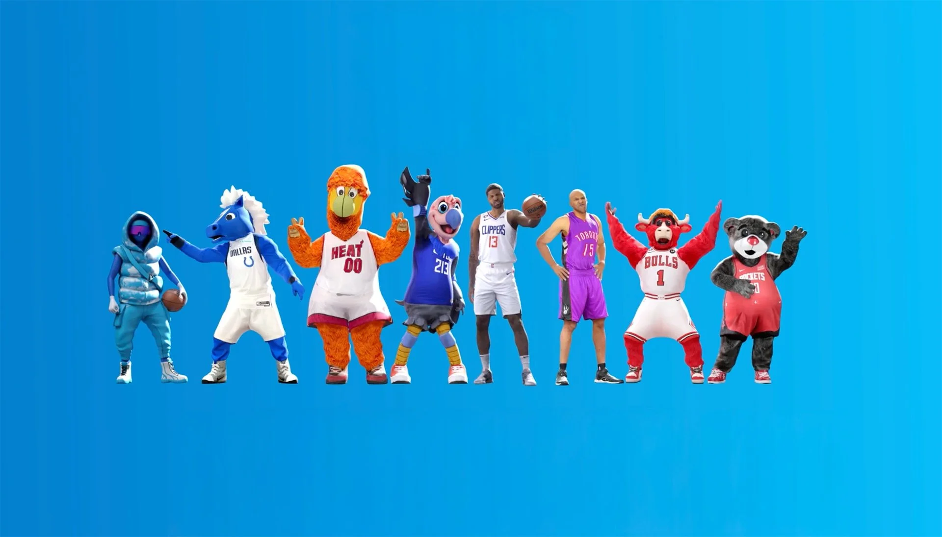 Nine sports mascots dressed in basketball uniforms standing in a row against a blue background.