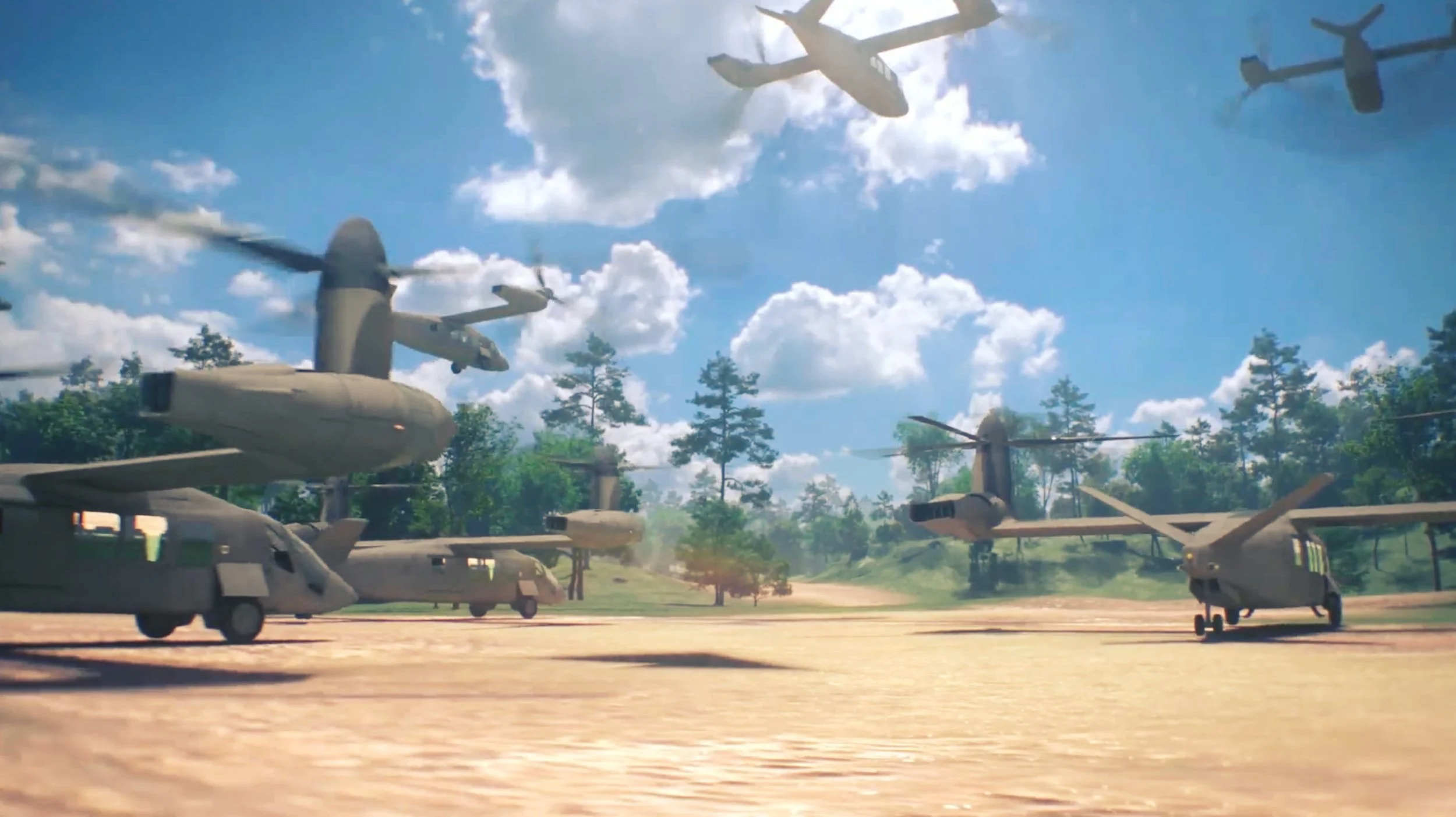 Multiple military helicopters parked on a runway with trees and a blue sky with clouds in the background.