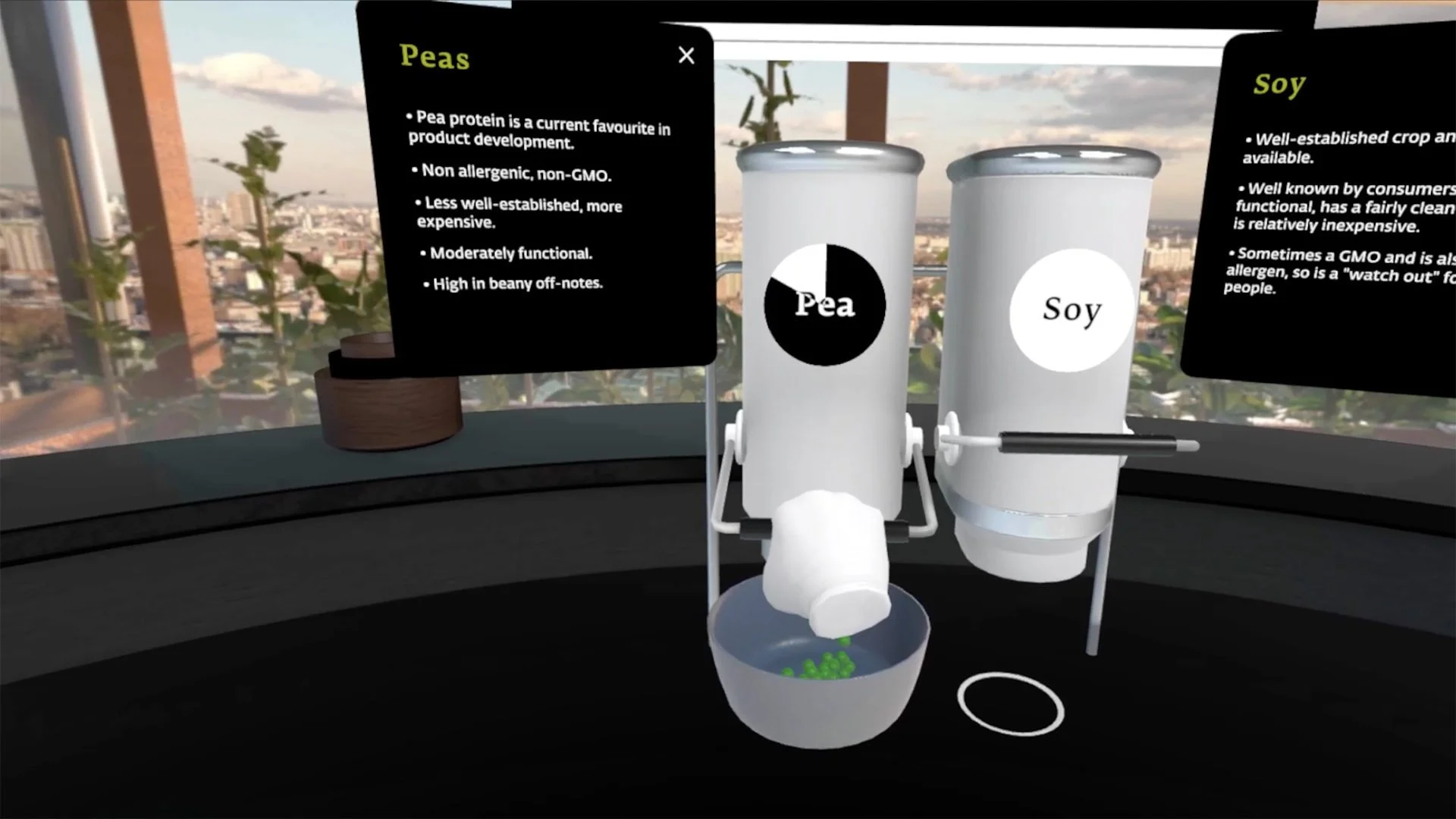 A virtual reality scene showing a 3D model of a laboratory setup with labeled cans of peas and soy, accompanied by informational panels describing each crop's characteristics.
