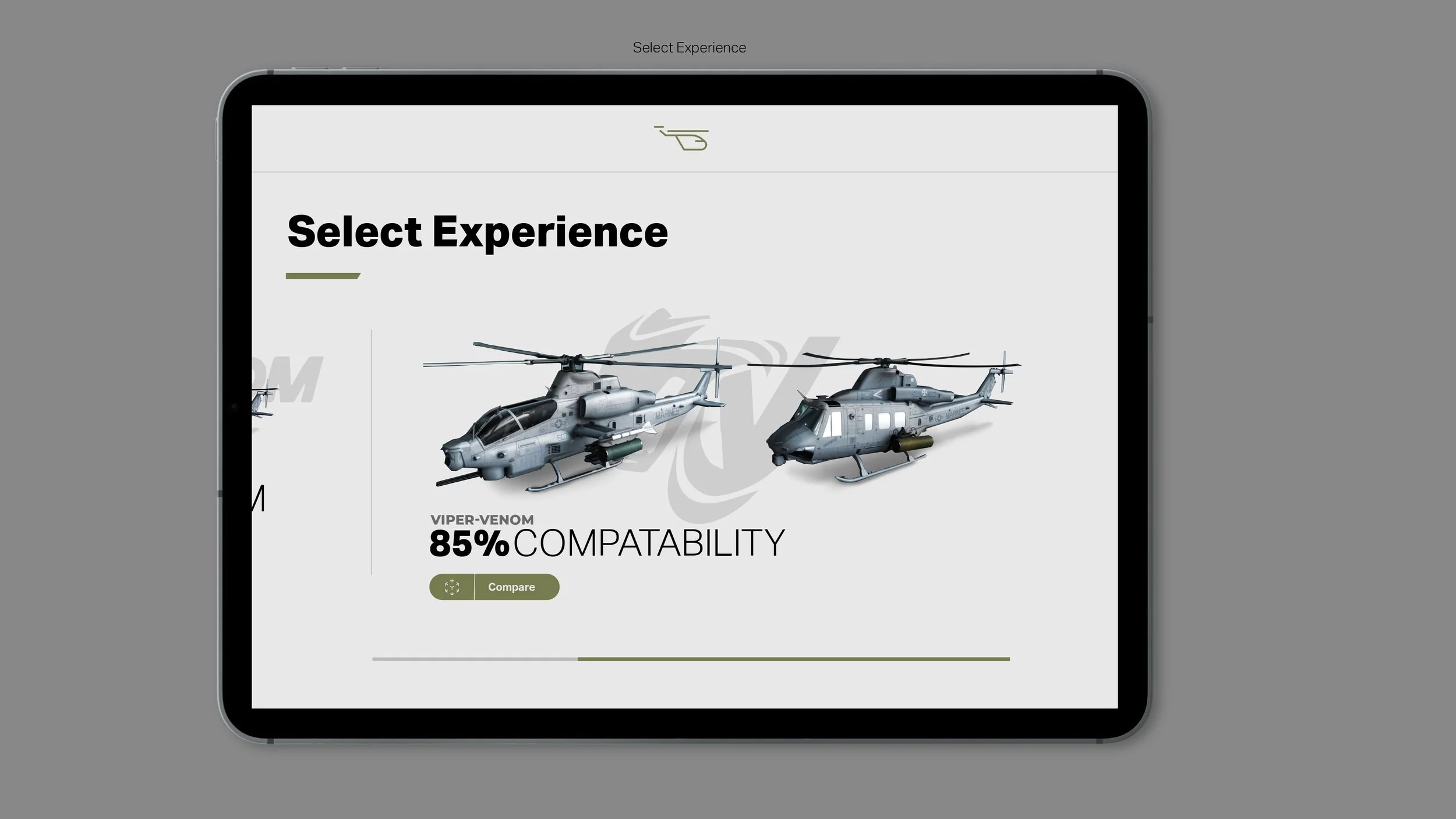 Mobile app screen displaying options for selecting experience, with images of two military helicopters and text indicating 85% compatibility for the Viper-Venom model.