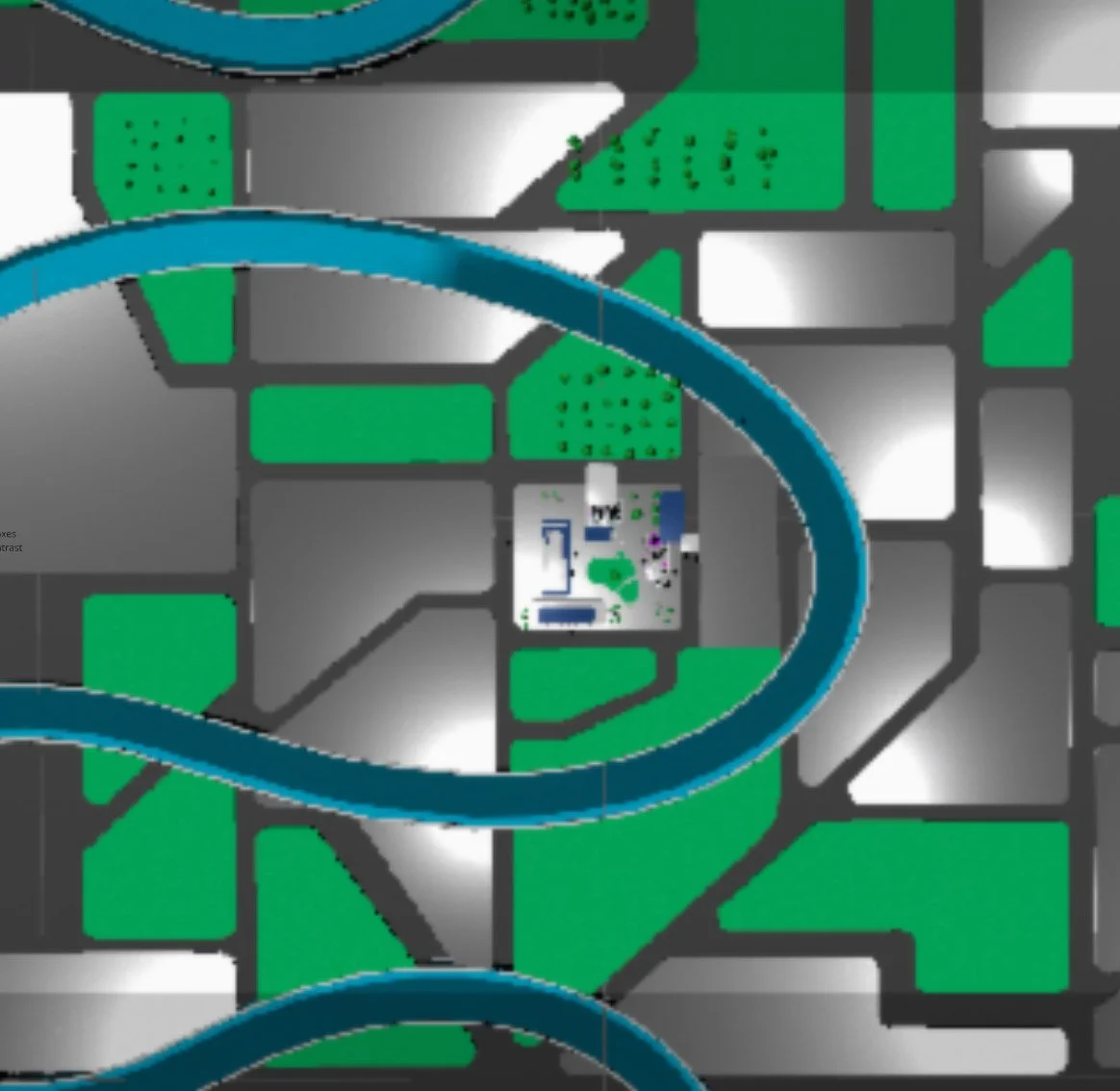 A digital map shows a layout with green spaces, gray buildings, blue pathways, and roads, illustrating an urban or park area.