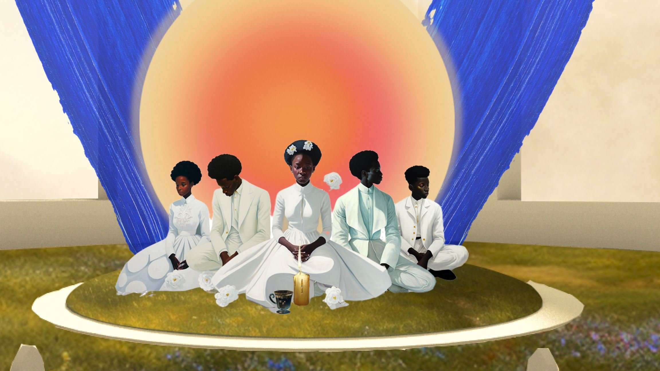 Group of five women dressed in white sitting on a golden circular platform with a backdrop of a sunset and blue abstract shapes, surrounded by white flowers and a cup, in an artistic setting.