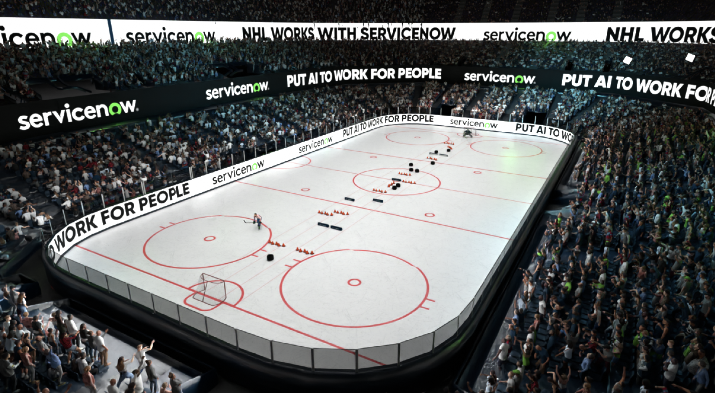 An ice hockey arena filled with spectators, advertising banners with the text 'servicenow' and 'PUT AI TO WORK FOR PEOPLE', and a blank ice rink with hockey goals, cones, and scattered equipment.