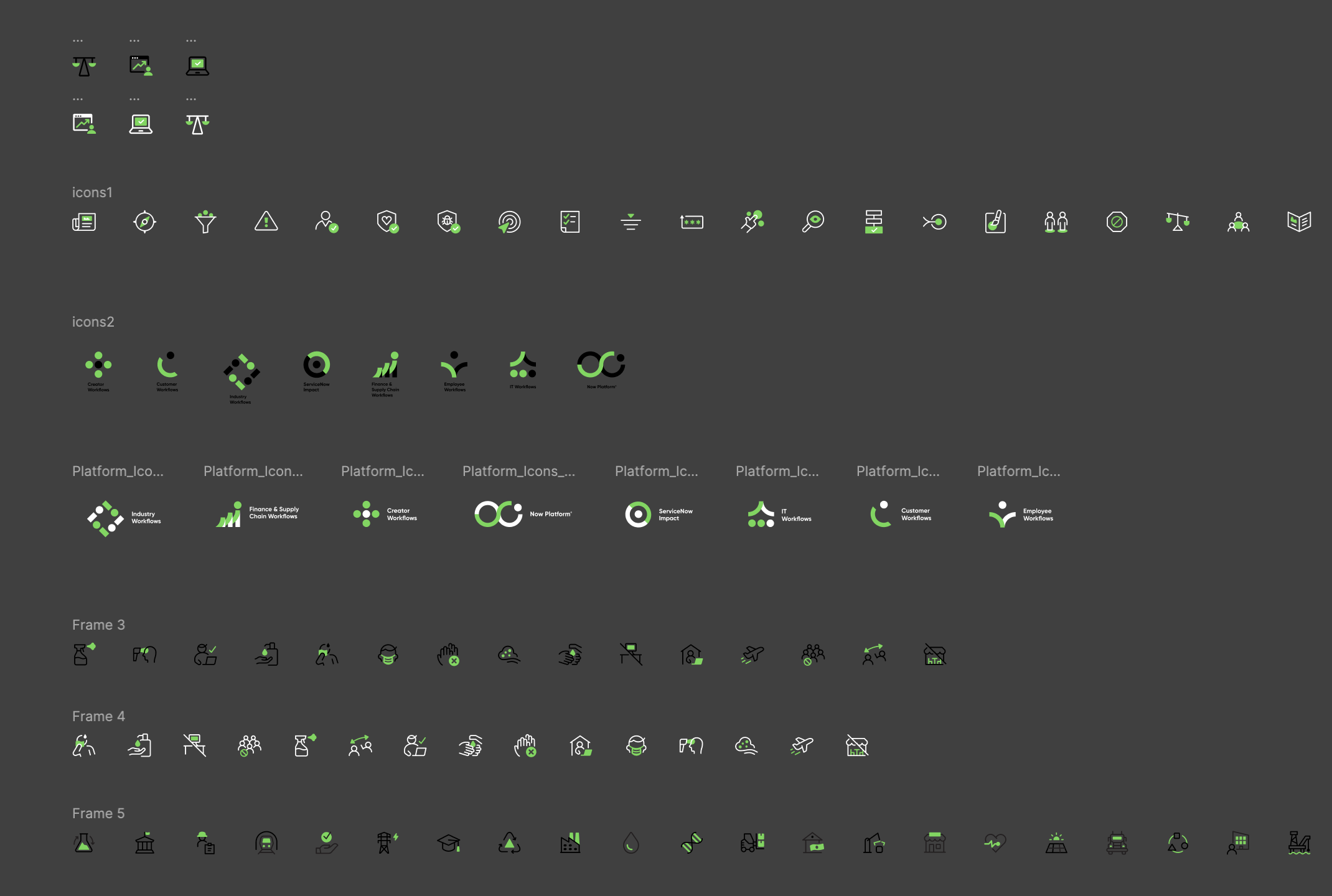 A collection of small icons representing various technological, industrial, environmental, healthcare, and infrastructure themes, arranged in horizontal rows on a dark background.