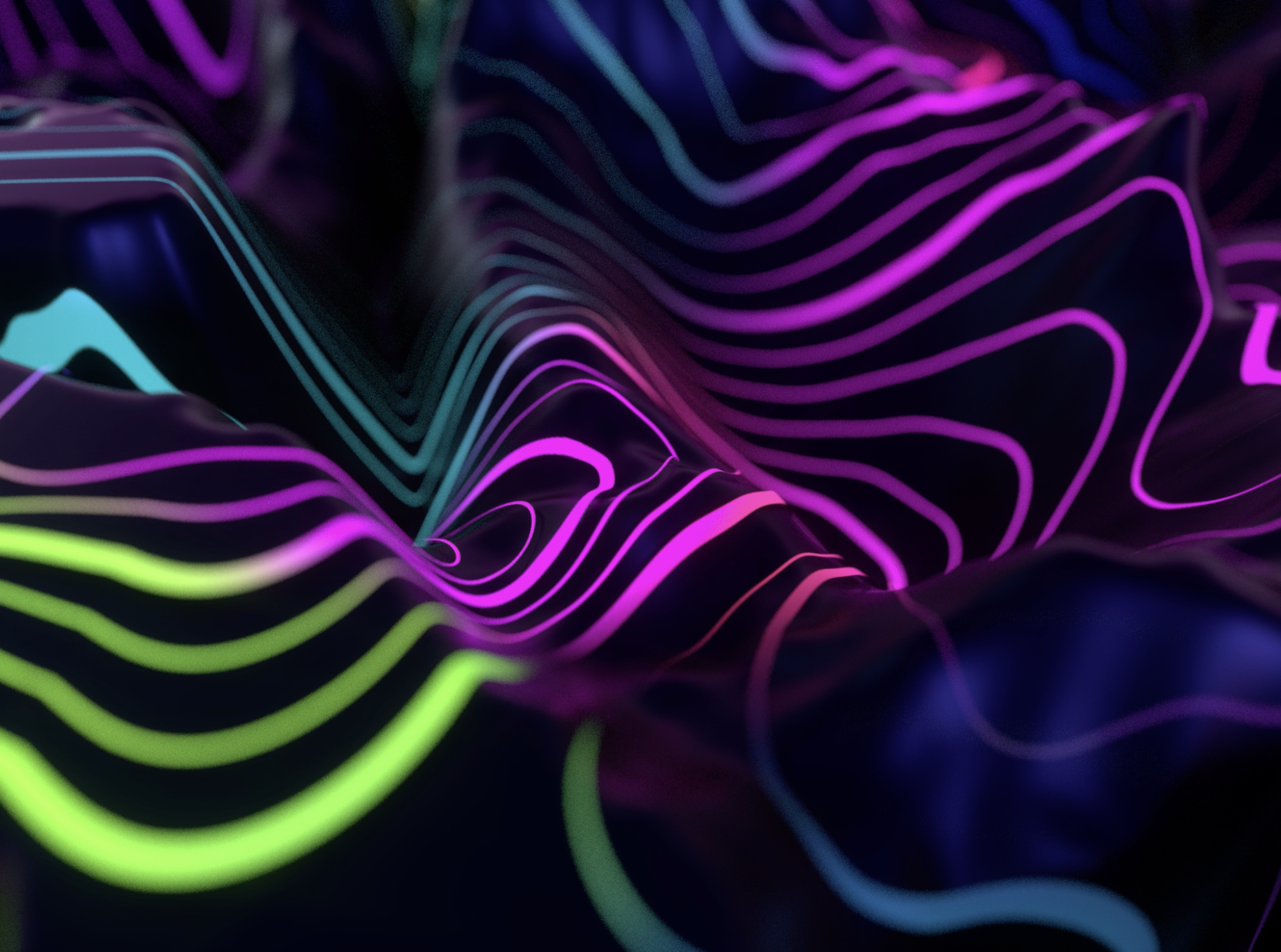 Colorful, glowing, wavy neon lines in various colors including purple, blue, green, and pink on a dark background, creating an abstract, futuristic pattern.