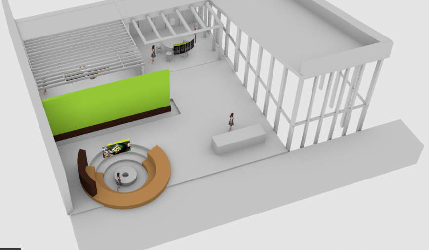 3D floor plan of an indoor space with a circular seating area and a large green wall.