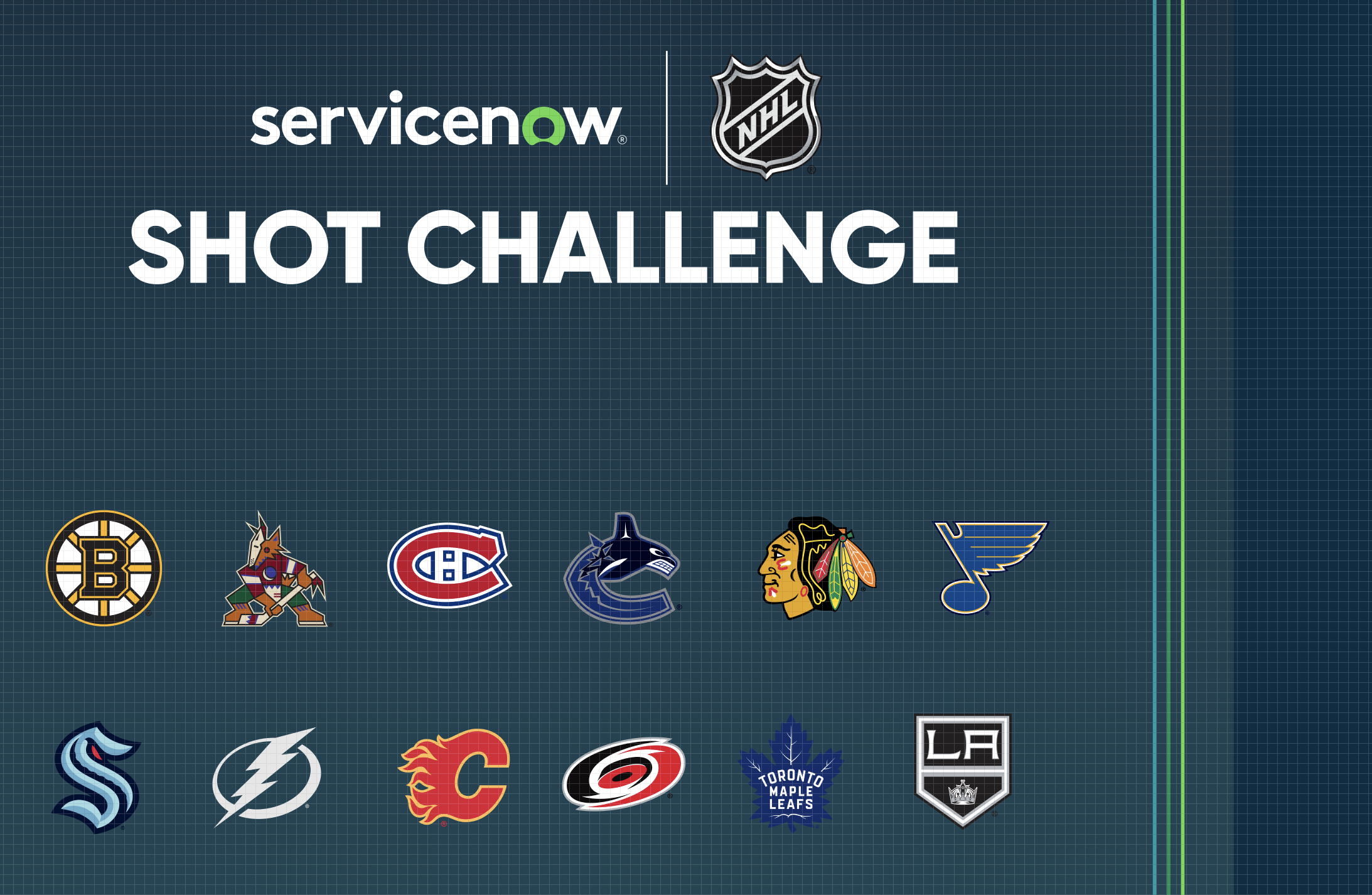 Logo of the ServiceNow Shot Challenge with NHL team logos displayed below, including the Boston Bruins, Minnesota Wild, Montreal Canadiens, Vancouver Canucks, Chicago Blackhawks, St. Louis Blues, Seattle Kraken, Tampa Bay Lightning, Calgary Flames, C