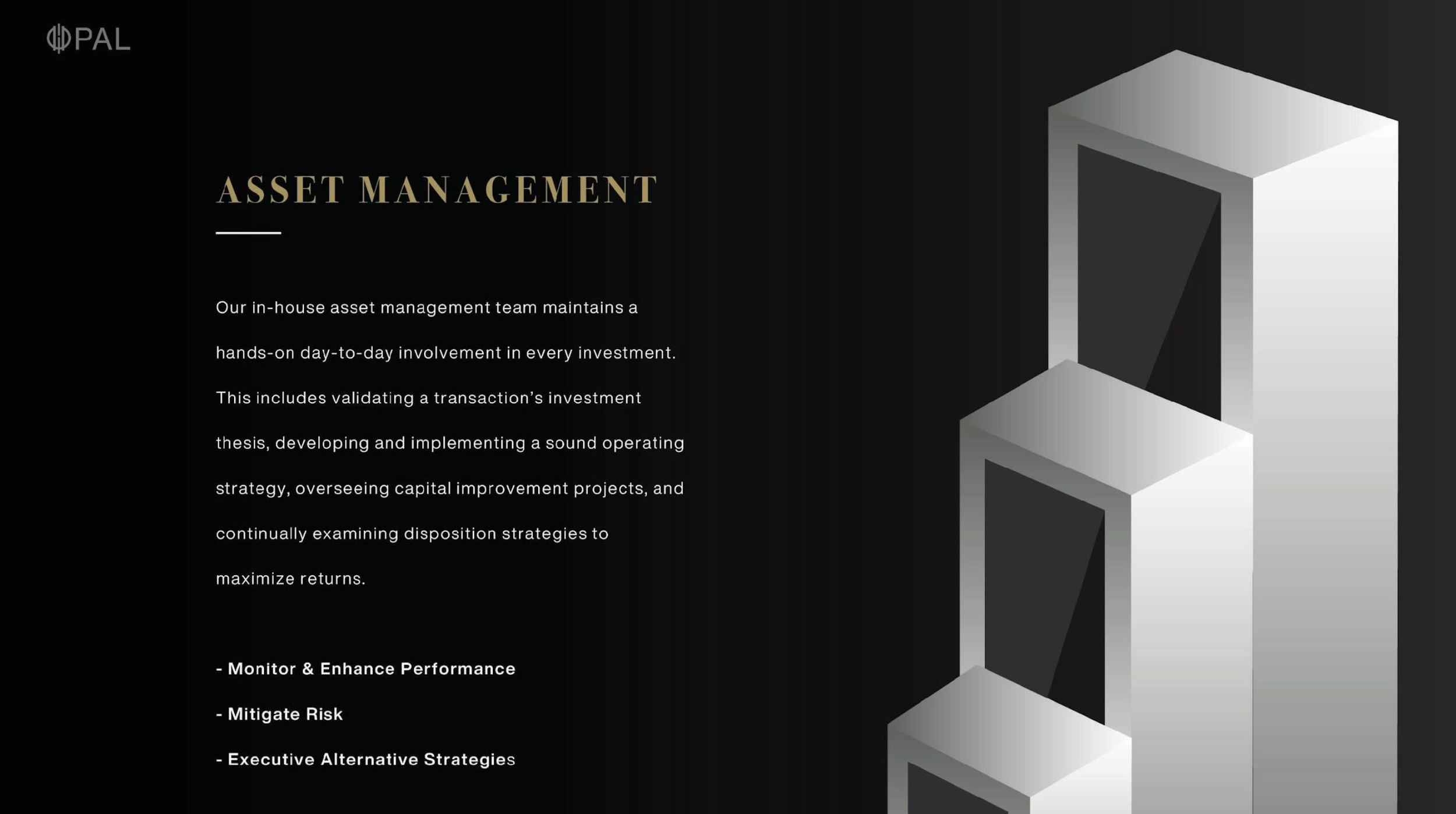 Slide from a presentation about asset management showing the PAL logo, a dark background, and a geometric 3D shape resembling a stylized letter S or a series of interconnected blocks. The slide contains text discussing the importance of asset managem