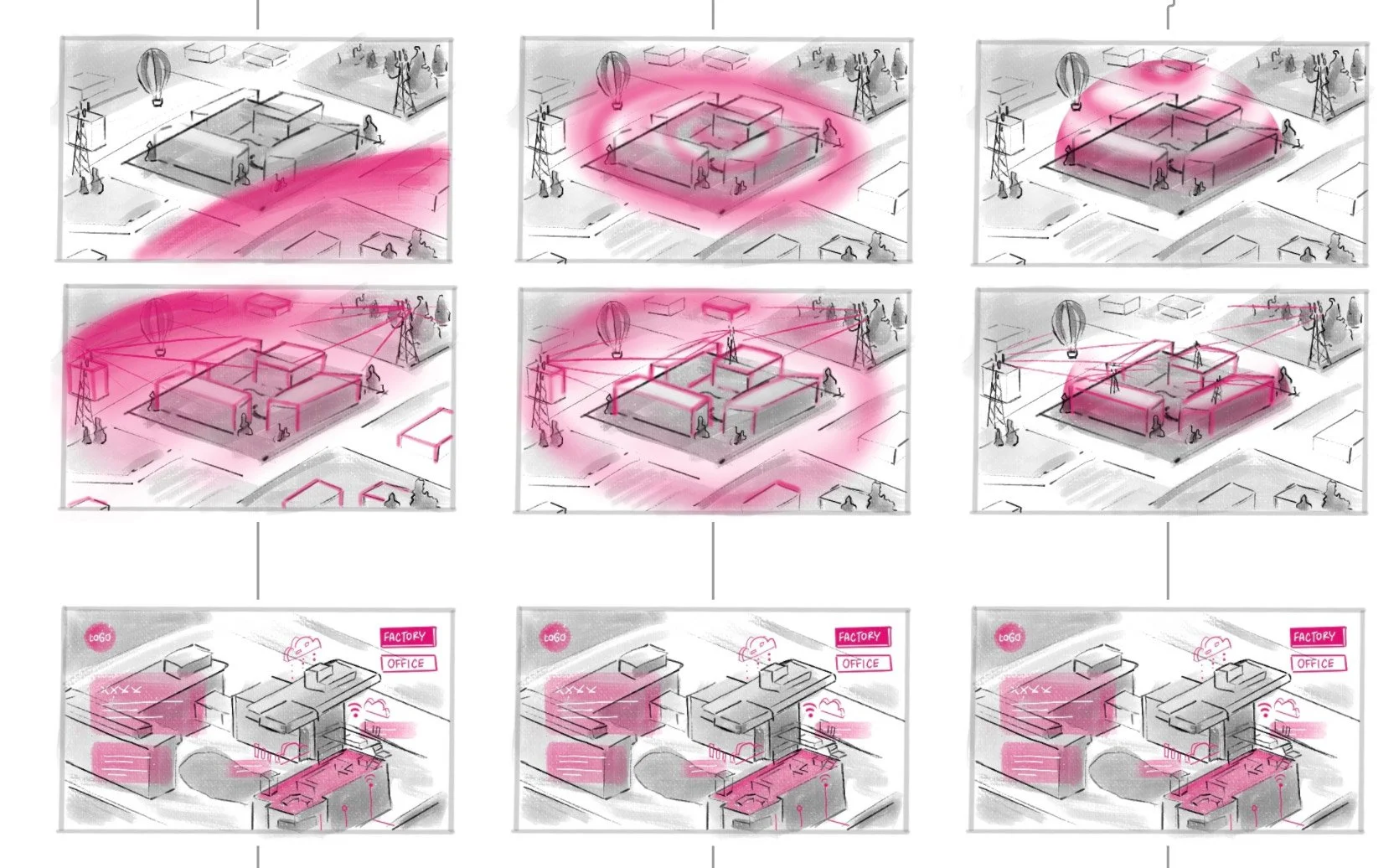 A sequence of diagrams showing the development of a conceptual architectural design, starting with basic layout sketches and evolving into detailed three-dimensional models with labels such as "Factory" and "Office" and annotations indicating different structural elements and zones.