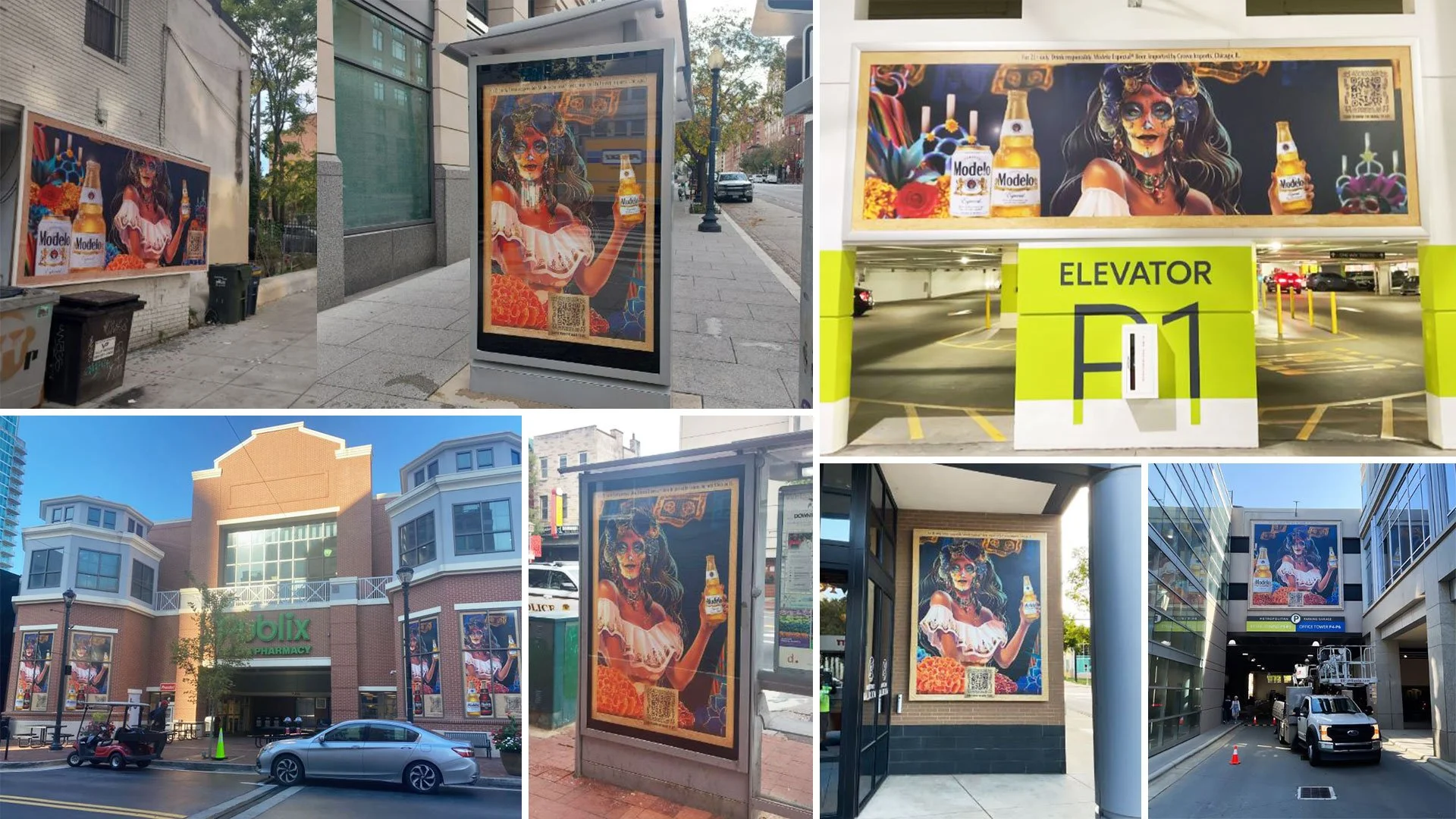 Various outdoor advertisements and billboards for Modelo beer featuring a woman with face paint and traditional Mexican clothing.