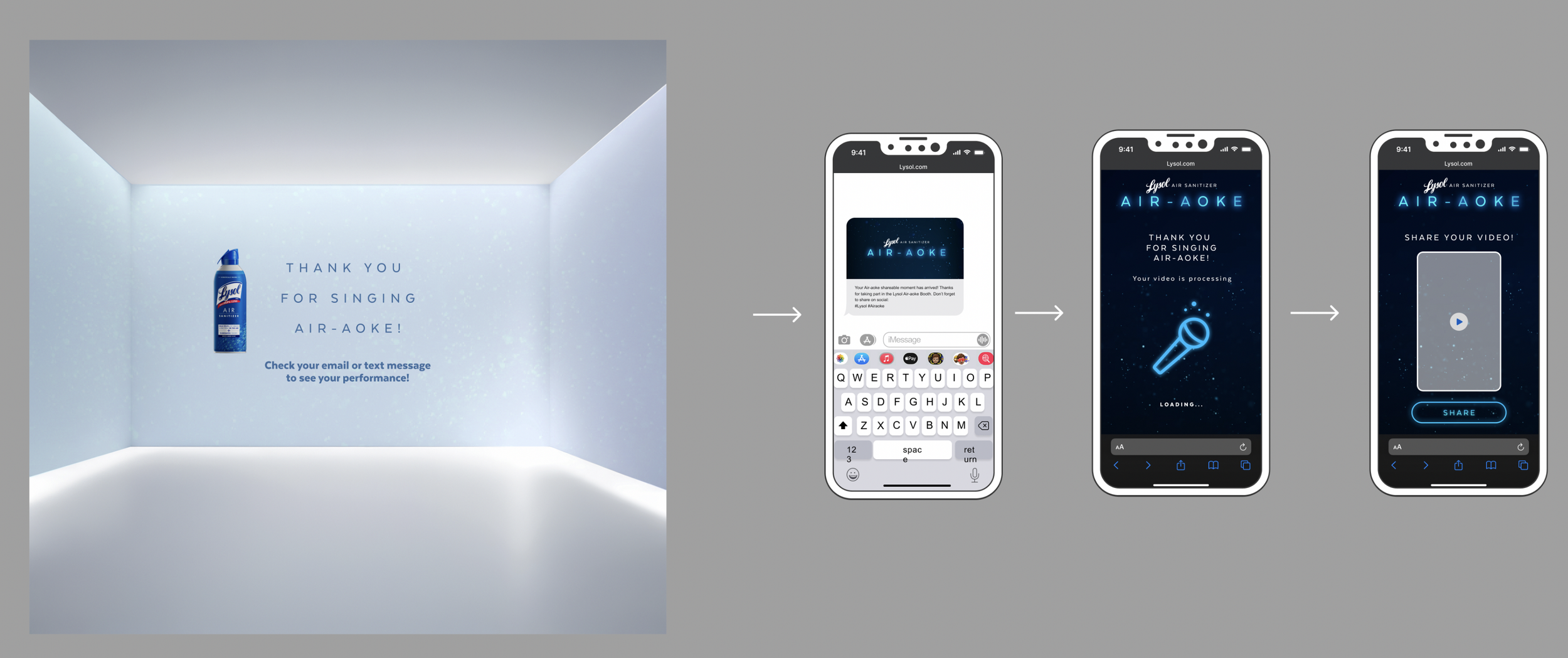 A room with light-colored walls displaying a large image of a Lysol air sanitizer spray can, with text that says 'Thank you for singing Air-Aoke! Check your email or text message to see your performance!' next to the image. Four phone screens show a 
