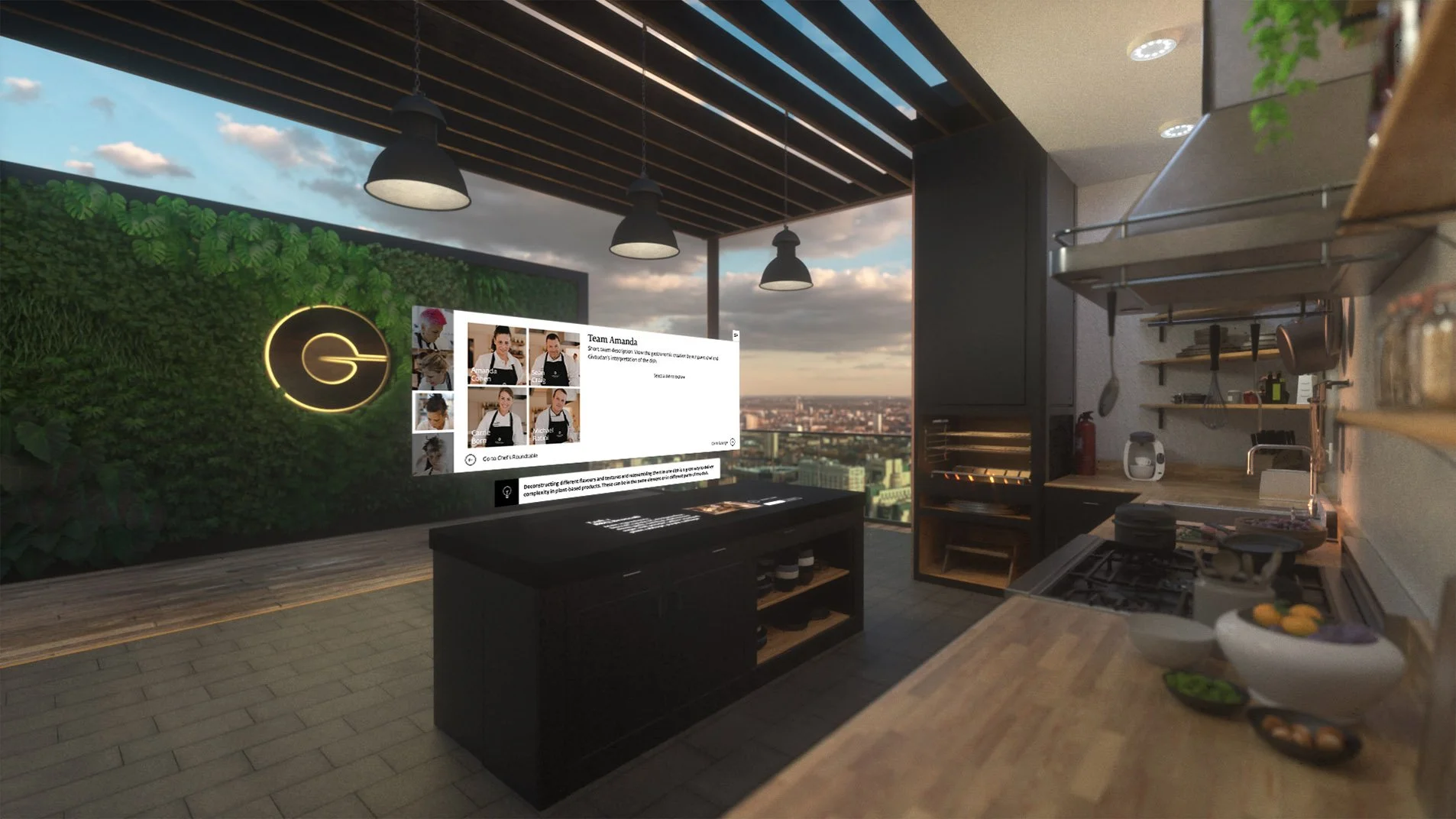 Modern kitchen with a view of a city skyline, green wall, black ceiling with hanging lamps, and a digital display showing team members and information.