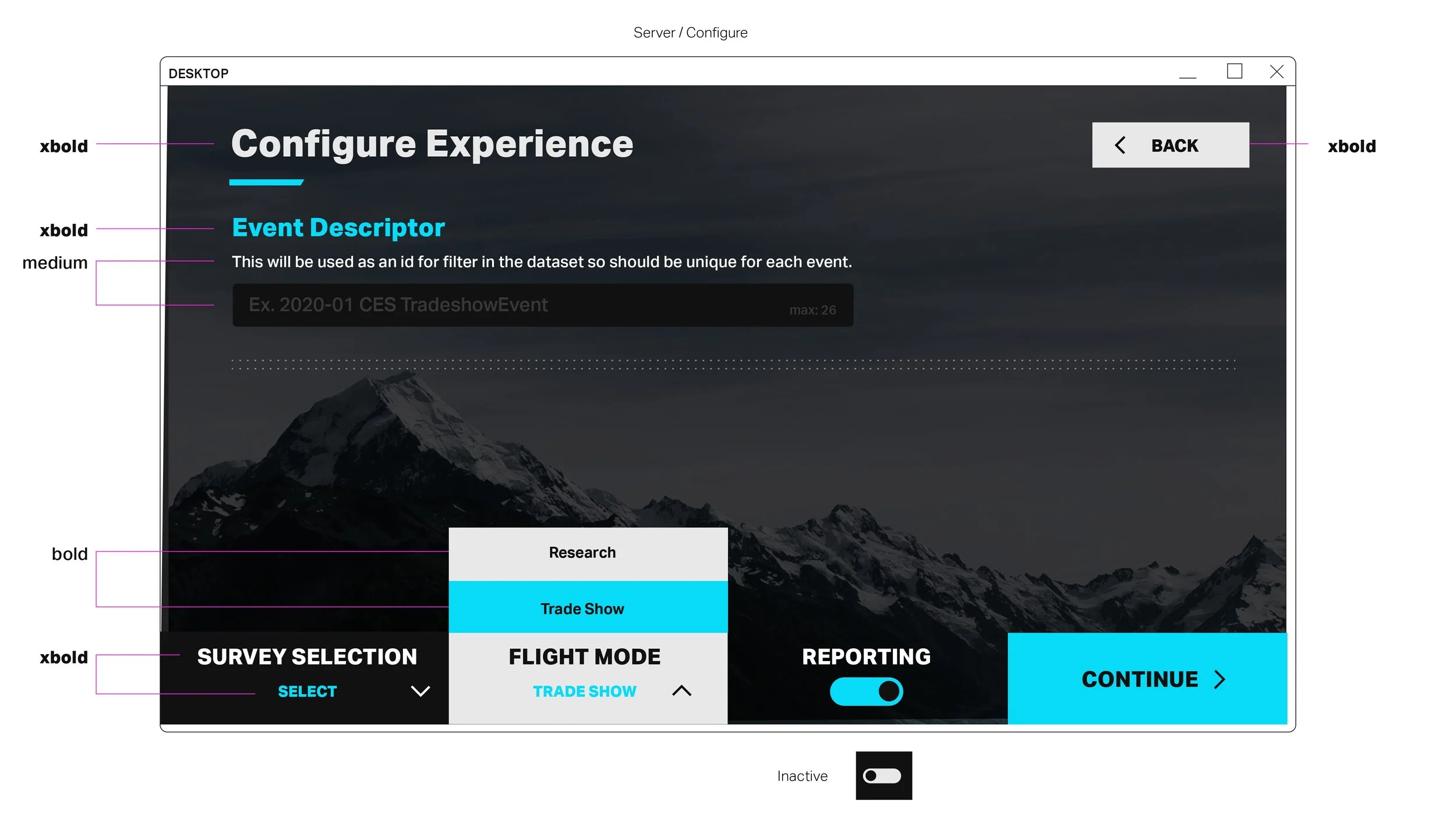 Screenshot of a software interface titled 'Configure Experience' with various options including 'Survey Selection', 'Flight Mode', 'Reporting', and a large mountain landscape background.
