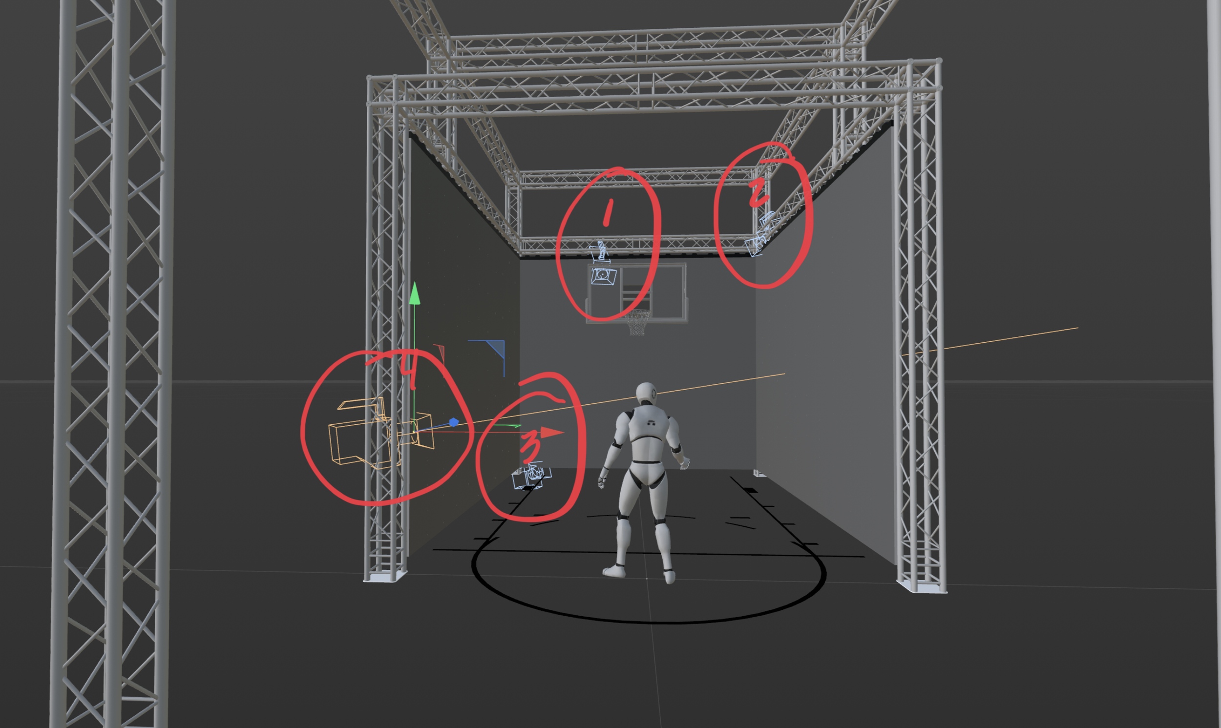 A 3D computer-generated scene of an indoor space with metal truss structures forming a rectangular frame, a robot with a drone flying above, and a person in a virtual environment. Red circles with numbers 1 to 4 annotate various elements within the scene.