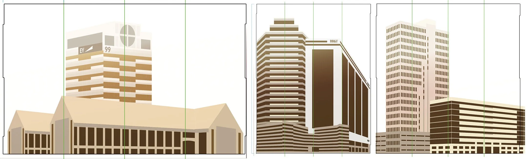 Illustration of three different modern skyscrapers in an urban cityscape.