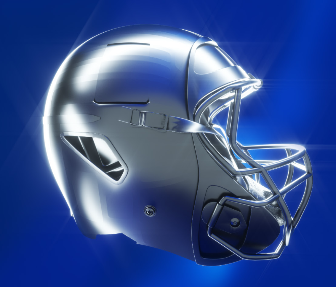 A shiny silver football helmet with a faceguard, set against a blue background.