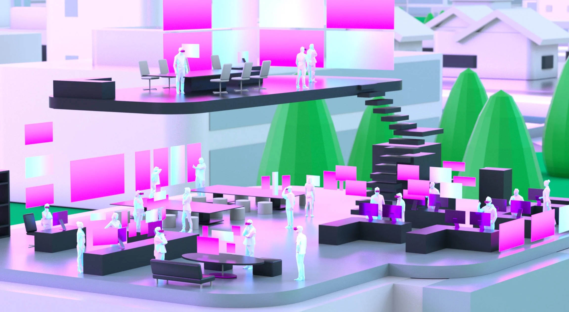 A digital illustration of a futuristic office space with multiple levels, including an upper balcony with a conference table, and a lower area with workstations. The scene features numerous translucent figures working and interacting, with prominent pink and purple lighting accents and green landscape elements on the outside.
