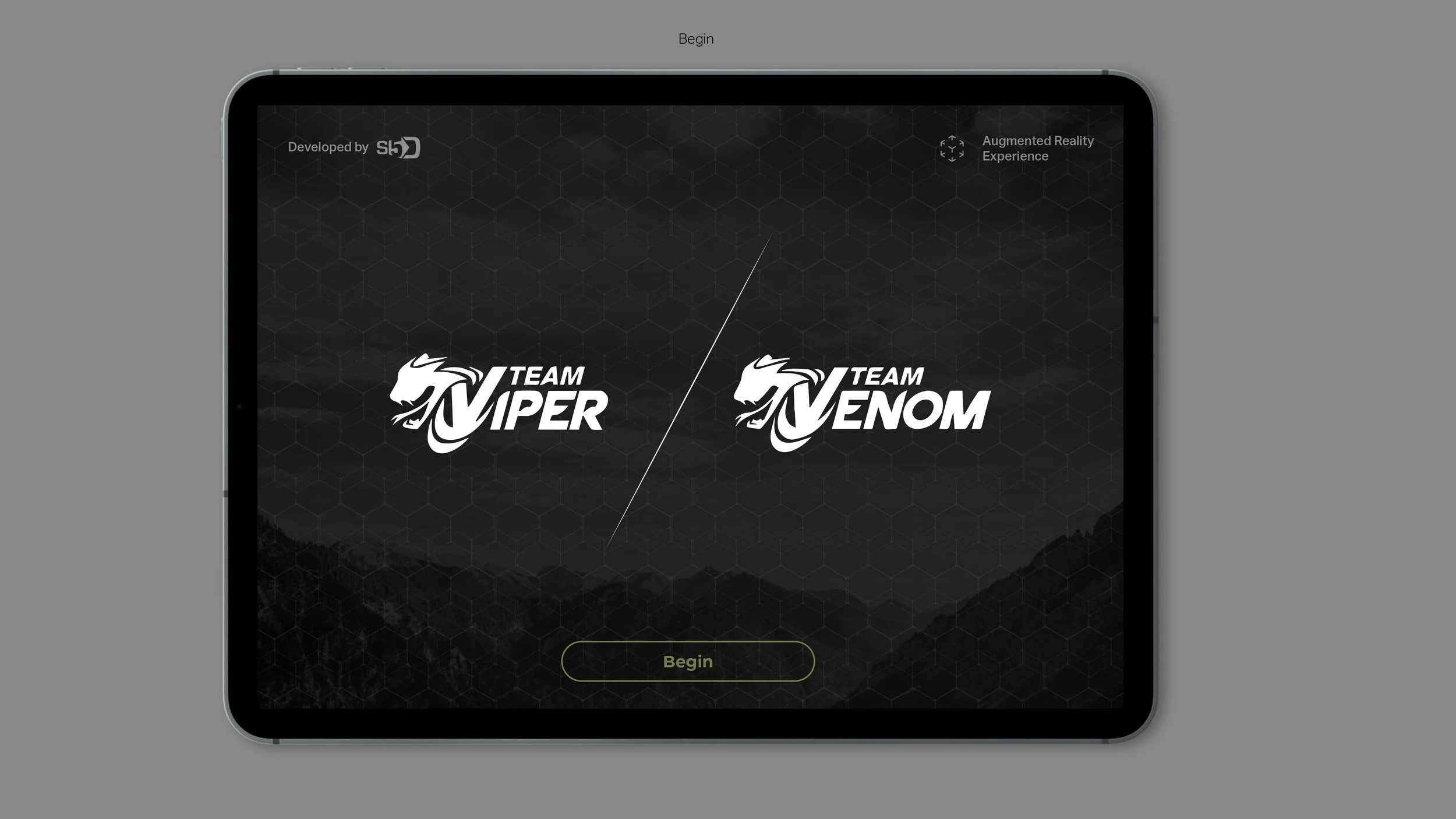 A digital app screen with a dark hexagonal grid background displaying logos of Team Nipper and Team Venom, separated by a diagonal line, with a 'Begin' button at the bottom.