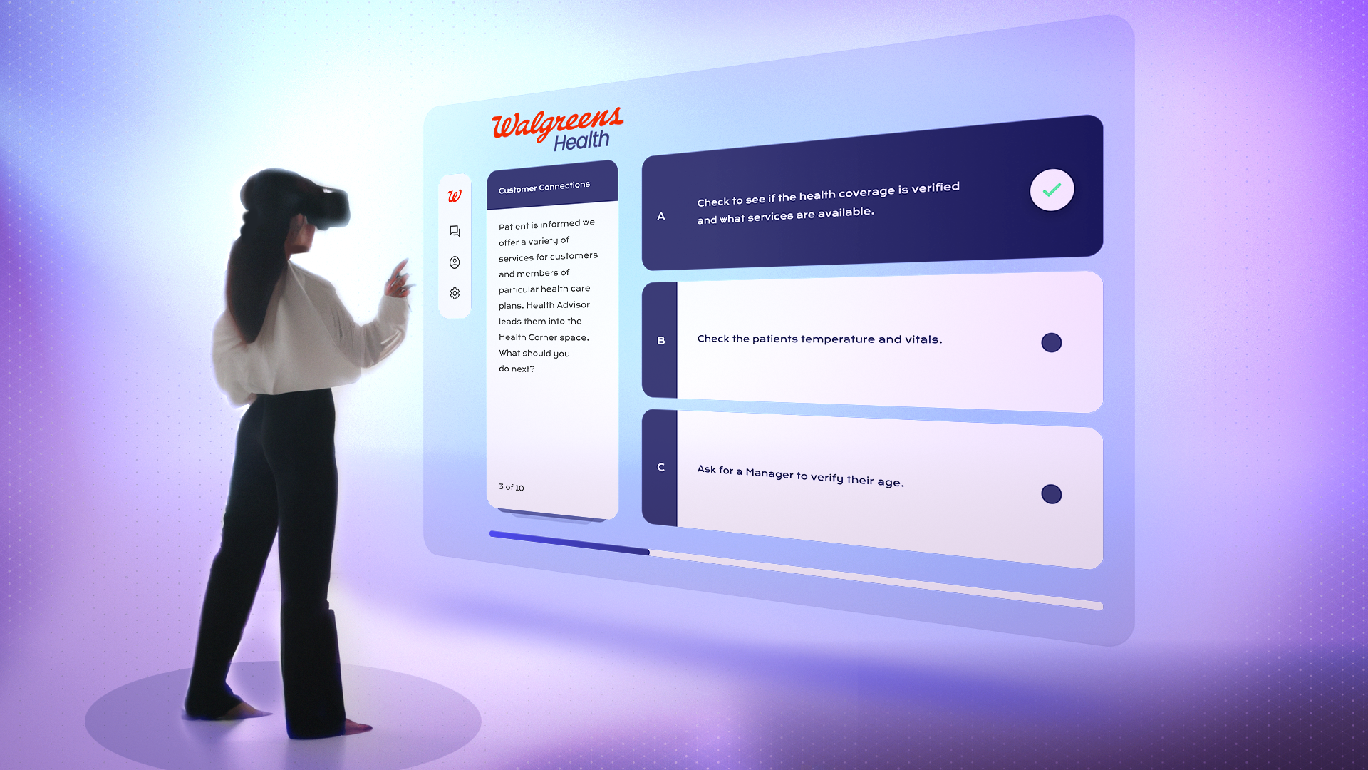 A woman wearing a VR headset and white blouse points at a virtual interface displaying health-related options and information, with a Walgreens Health logo at the top.