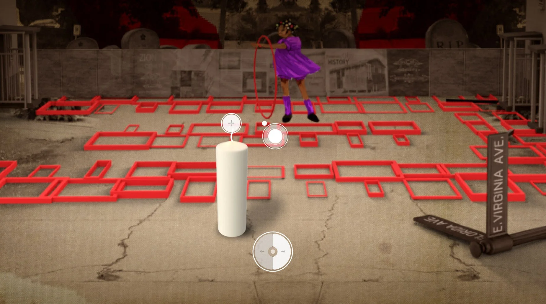 An indoor art installation featuring a doll-like figure with a purple dress and purple boots, holding a jump rope, suspended above a maze of red rectangular frames on a concrete floor. There are tombstone-like structures and a sign labeled 'VIRGINIA 