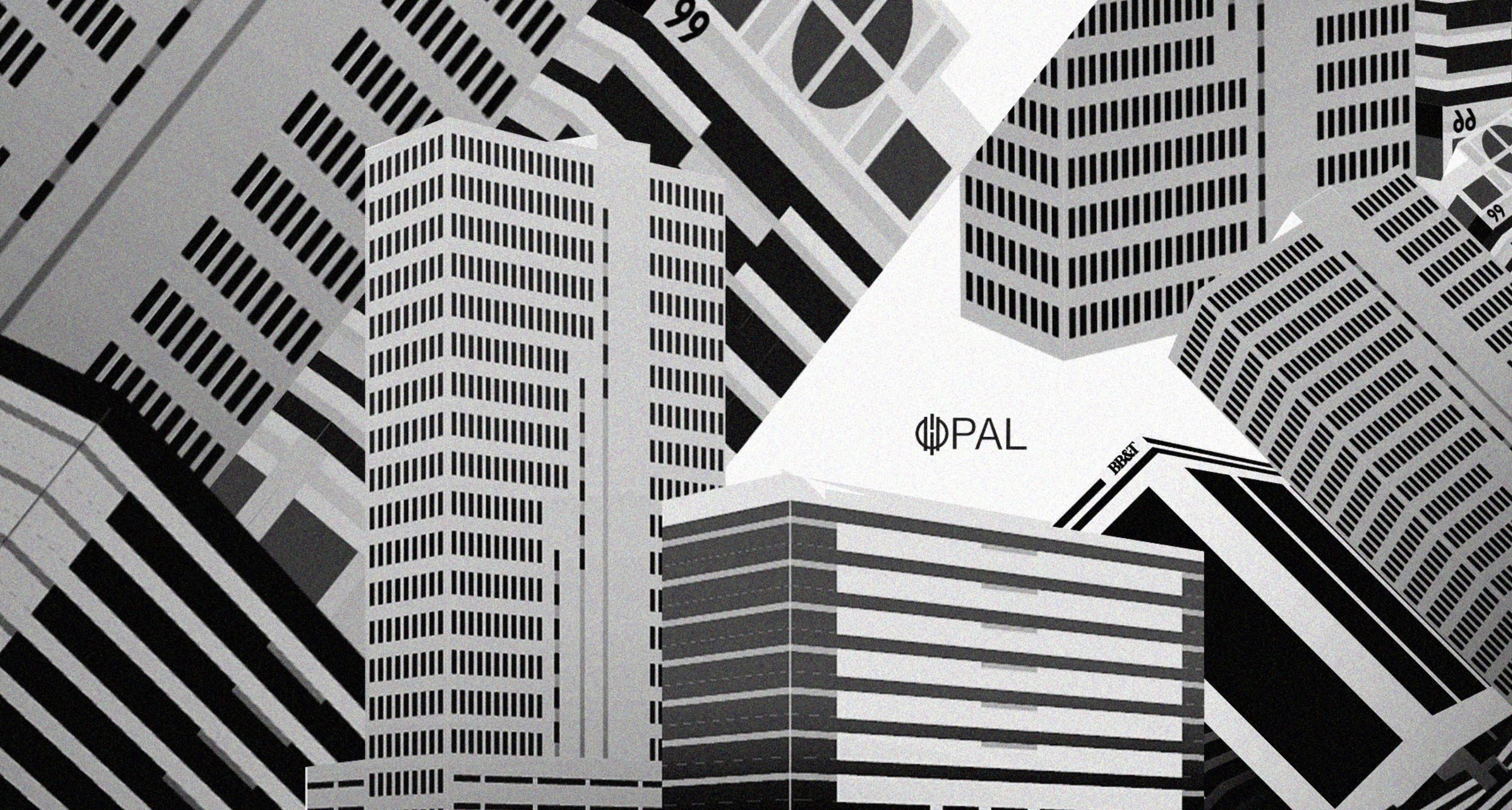 Black and white illustration of multiple tall office buildings with various window patterns. The buildings create a cityscape. There is a white section in the center with the words 'OPAL' and a logo.