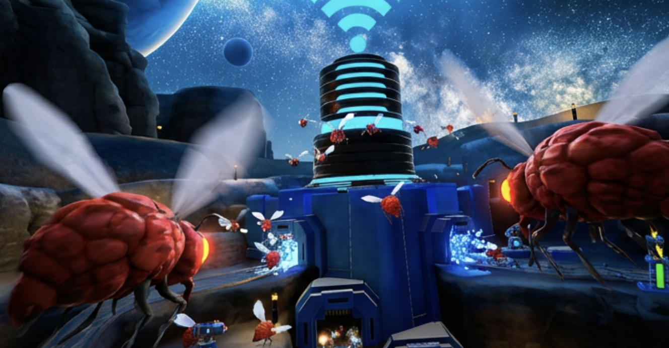 Futuristic scene on an alien planet with large bug-like creatures spraying water and flying insects near a tall, glowing building with a Wi-Fi symbol on top, under a starry sky with planets.
