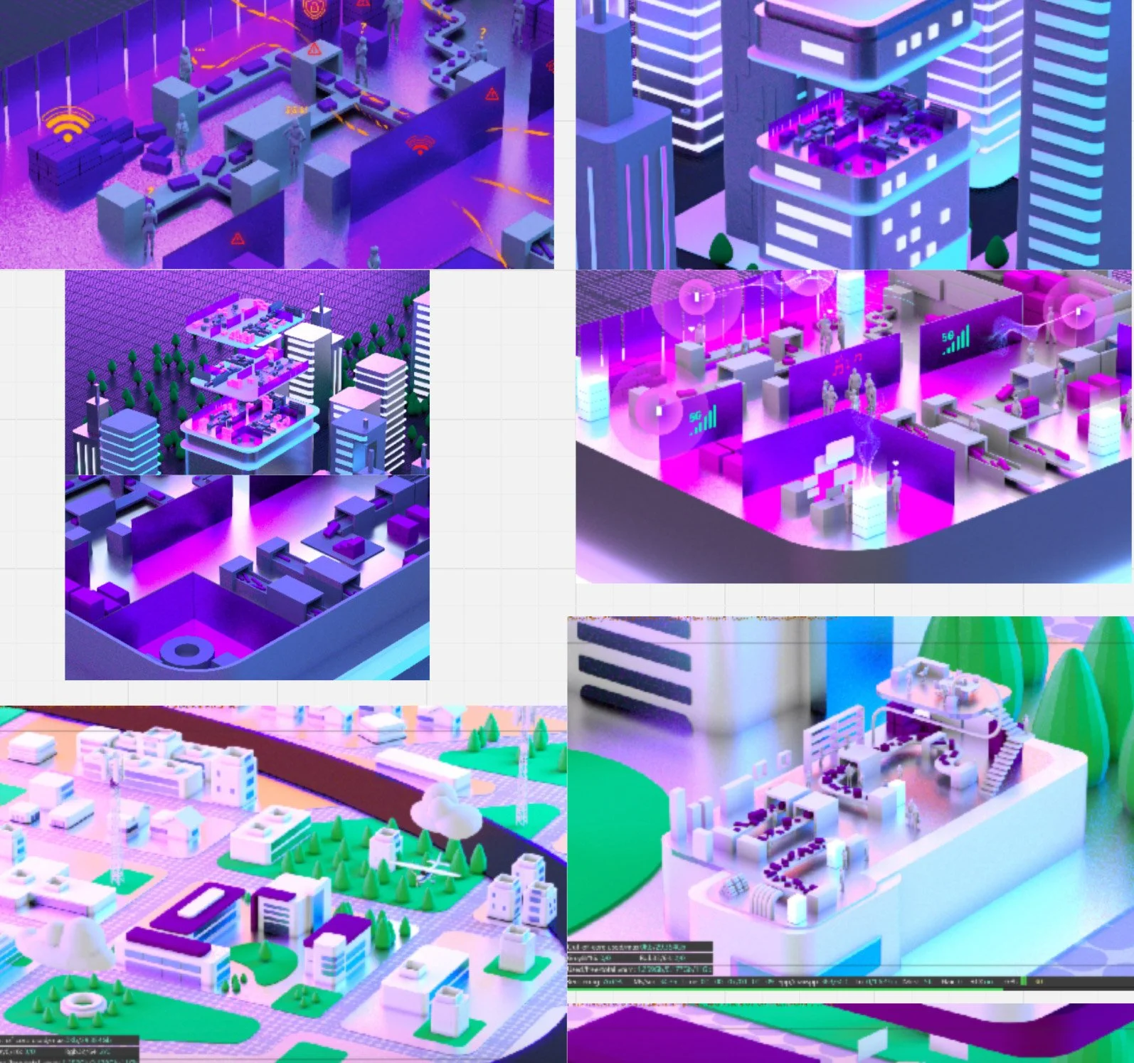 A collage of digital illustrations depicting futuristic cityscapes with tall buildings, green parks, and advanced technology elements in vibrant purple, blue, and pink hues.