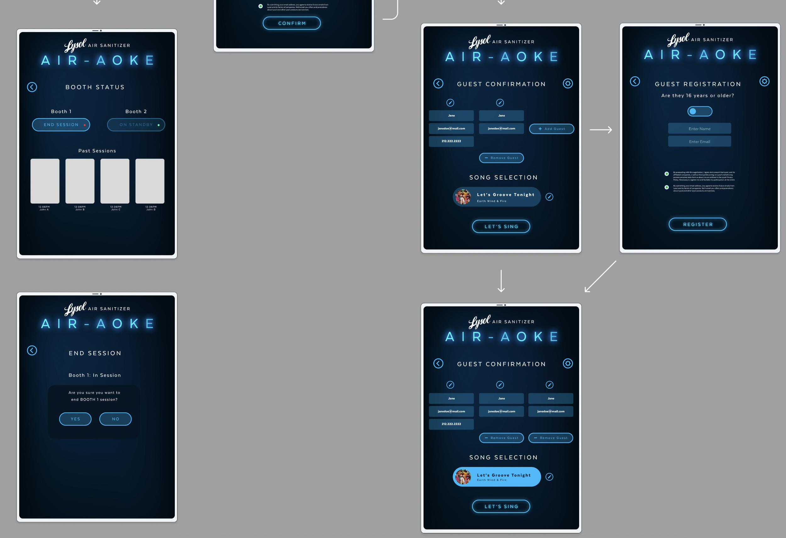 Flowchart of a mobile app interface for Lysol Air Sanitizer Air-Aoke, showing screens for booth status, guest confirmation, guest registration, end session, and song selection, all with a dark blue and neon blue design.