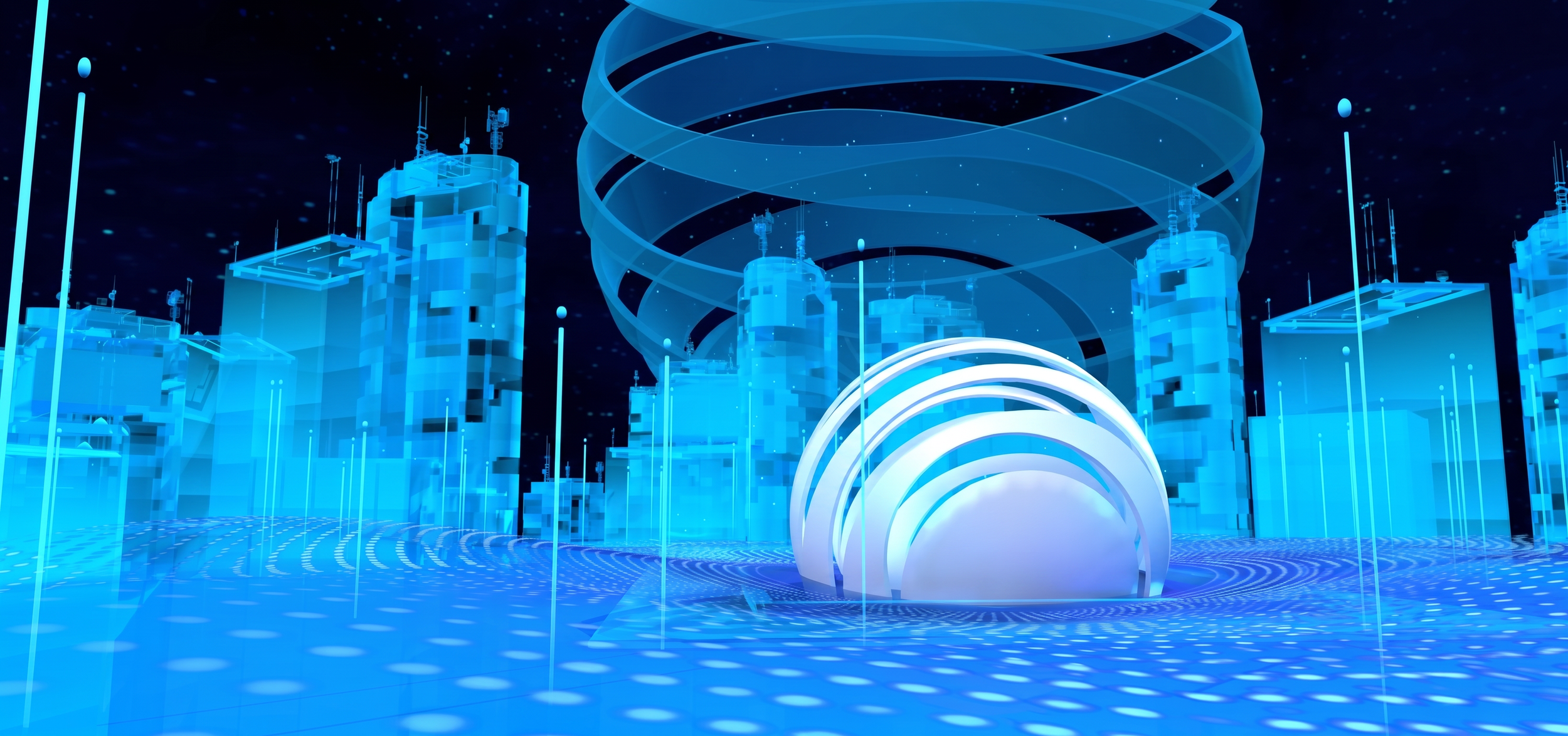 Futuristic cityscape with glowing blue skyscrapers, concentric circular structures, and a starry night sky.