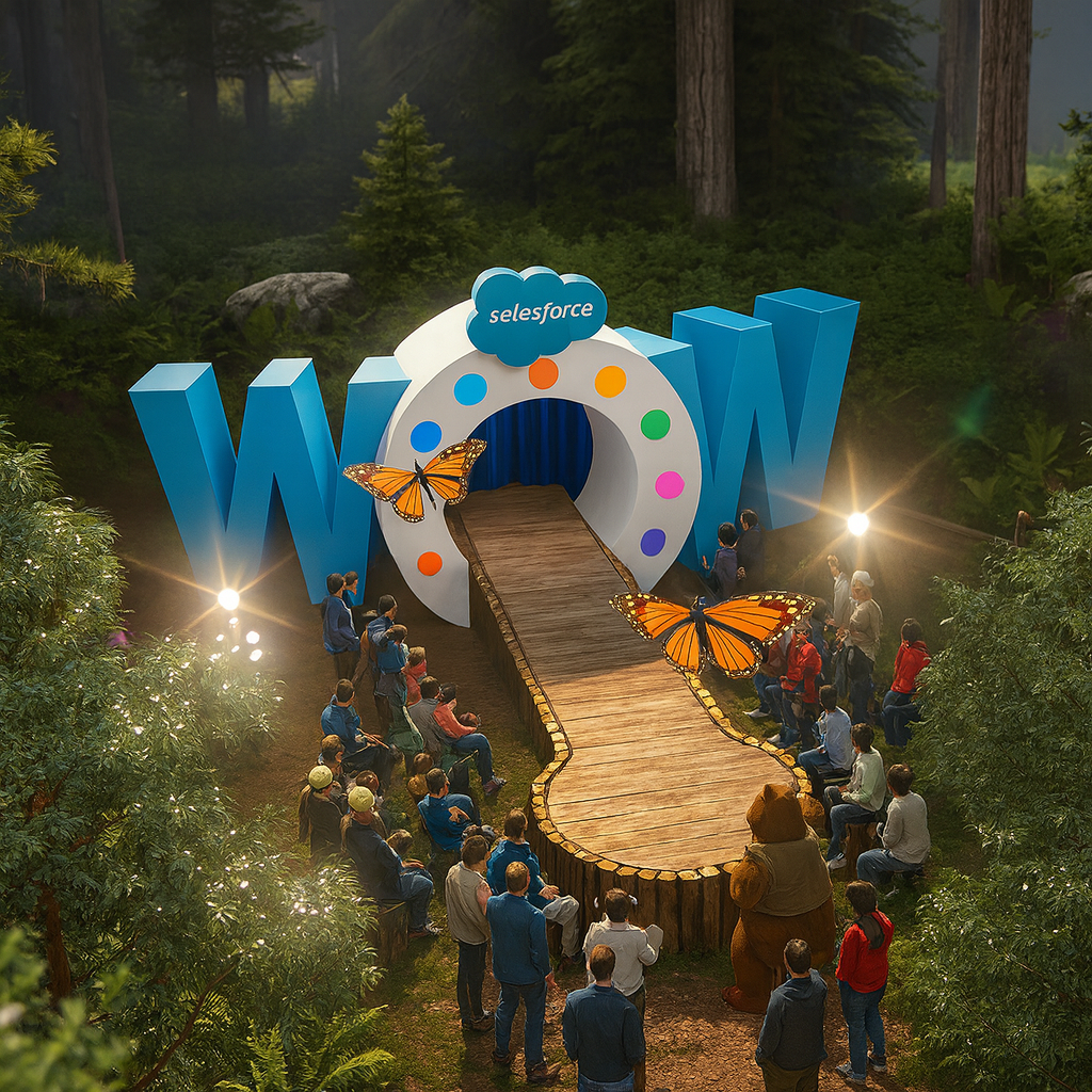 An outdoor event set in a forest features a giant Skype logo with the word "WOW" and a cloud labeled "selseforce" above a wooden slide with large butterfly decorations. People are gathered around, some sitting and some standing, watching the display.