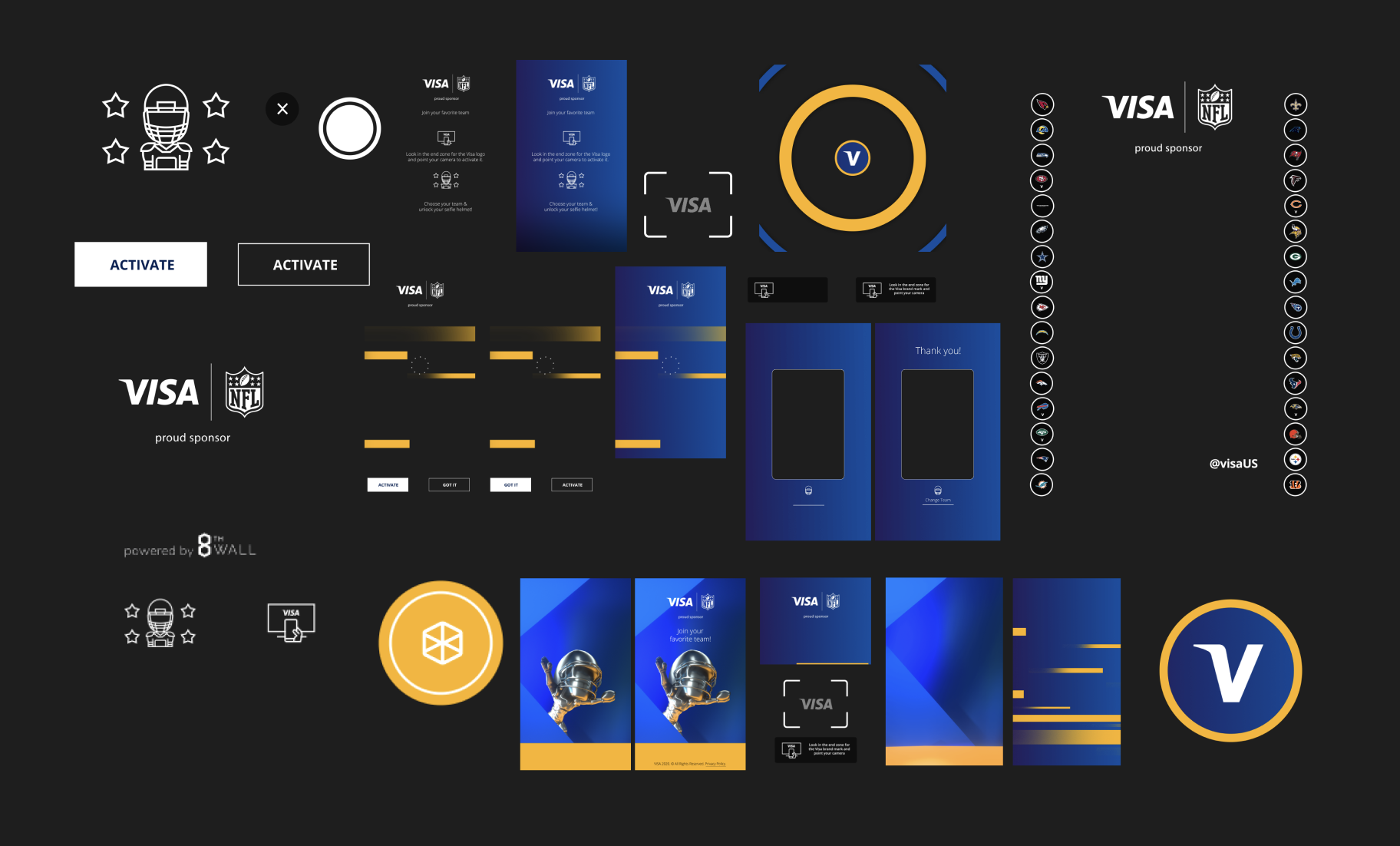 Collection of digital graphics and interface elements featuring Visa and NFL branding, football helmets, and team logos, with buttons labeled 'Activate' and 'Change Team.'