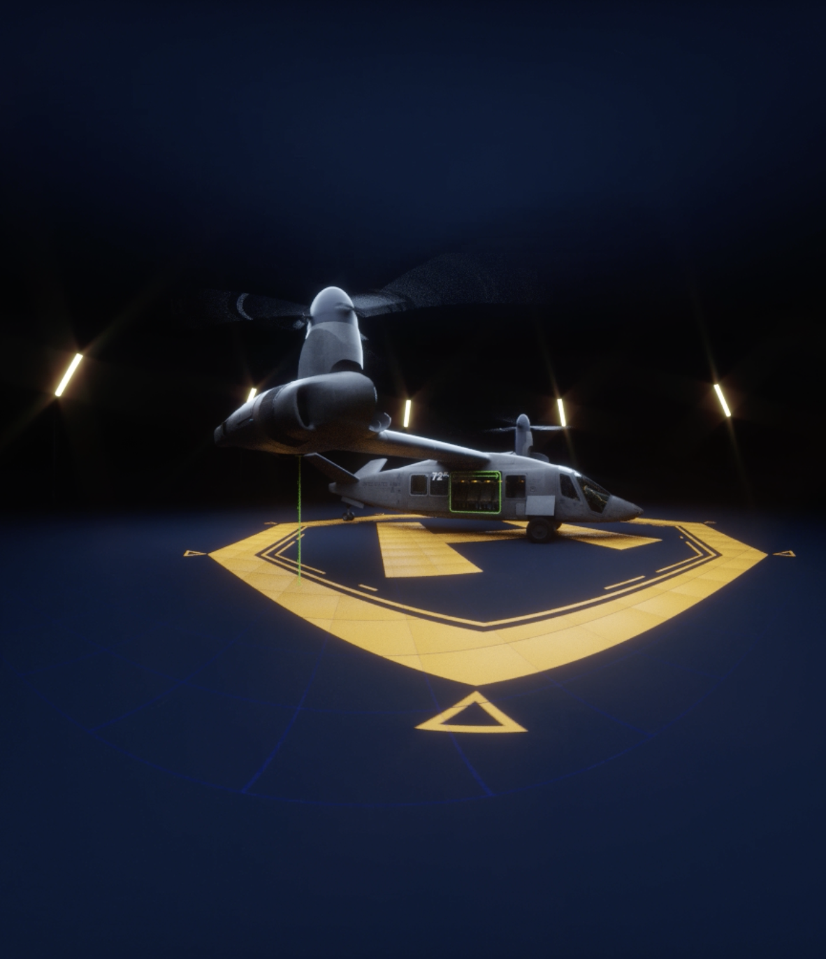 A futuristic helicopter on a virtual landing pad with illuminated markings, highlighted by soft lighting in a dark environment.