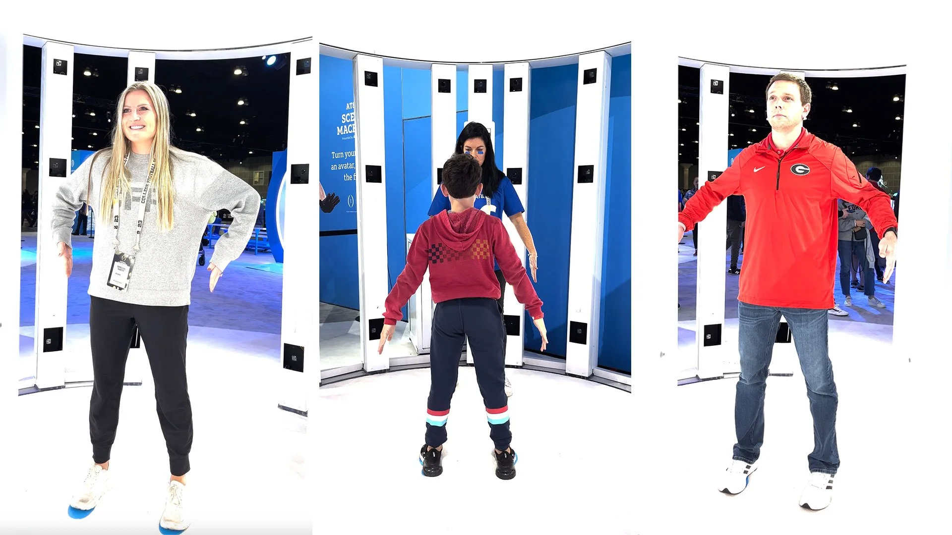 Three people taking part in an augmented reality experience at a technology exhibition. The woman on the left is wearing a gray sweatshirt and black pants, the man on the right is wearing a red sports jacket and jeans, and the boy in the middle is we