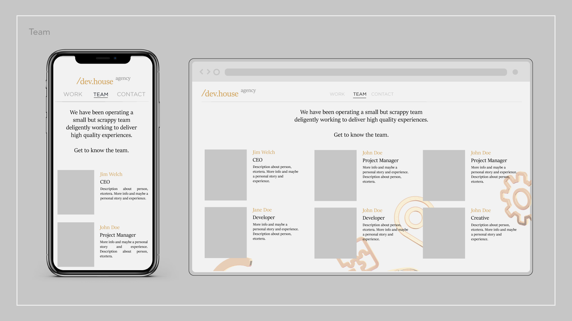 Laptop and smartphone screens displaying a team webpage for 'dev.house' agency, featuring team member profiles like Jim Welch and John Doe with descriptions and avatars, set on a gray background with gear icons.