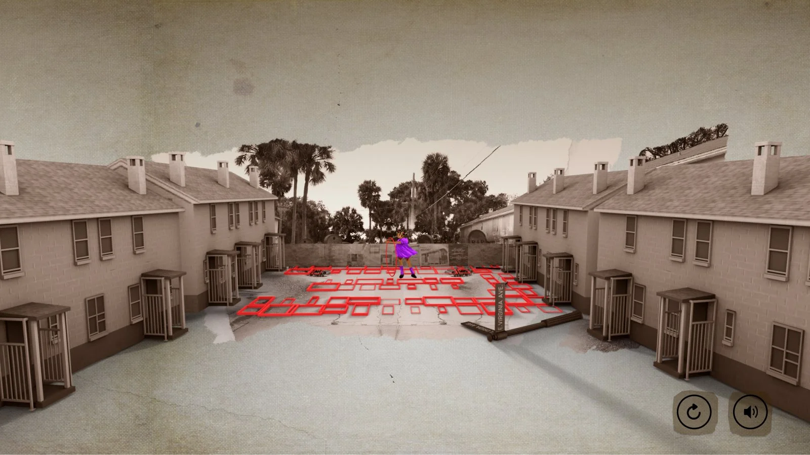 A woman in a purple dress appears to be bouncing on a trampoline in courtyard, with a red maze around her, surrounded by beige townhouses and trees.