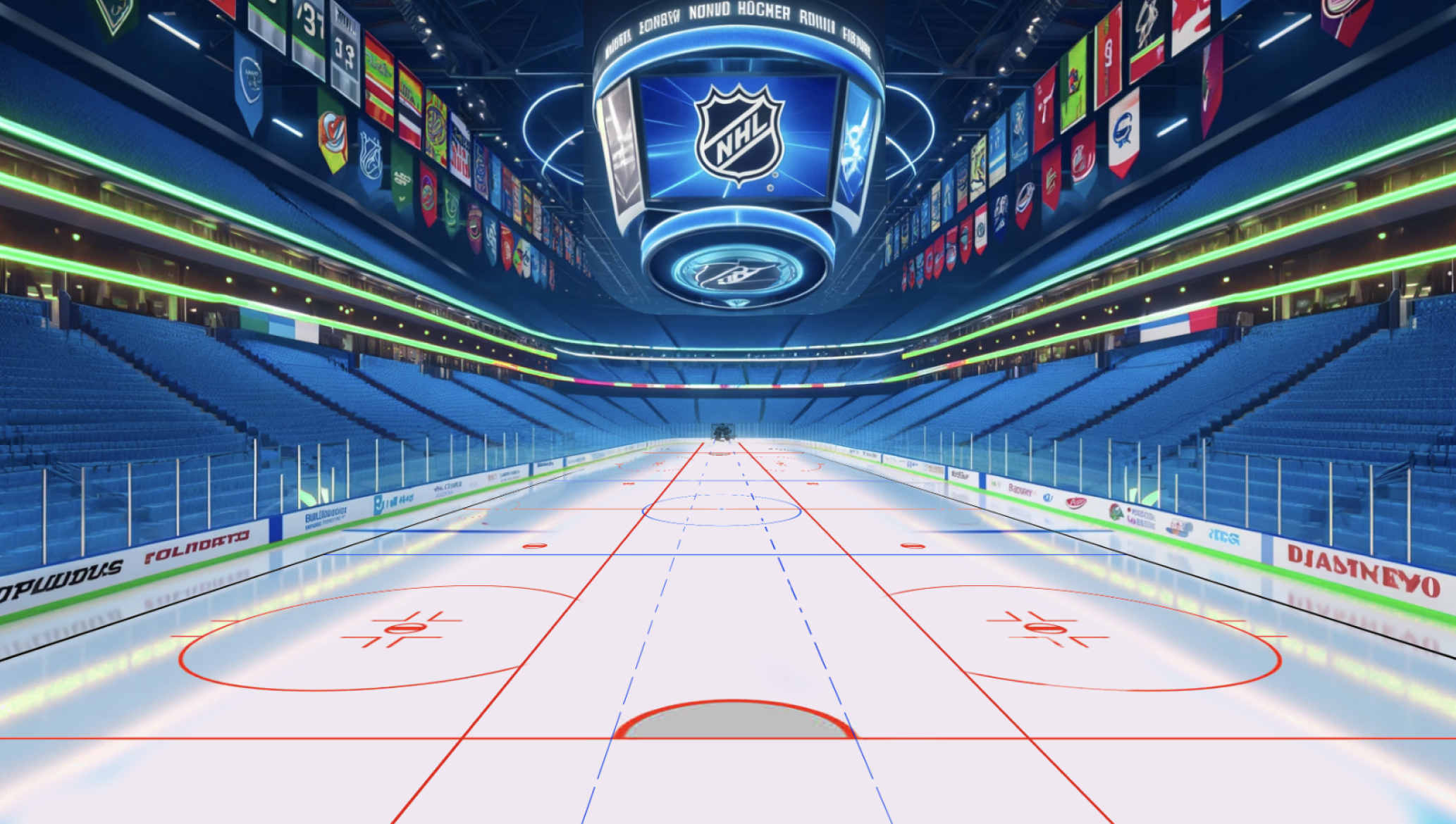 Empty ice hockey rink inside a stadium with NHL logos and brand advertisements, surrounded by seating and digital screens.