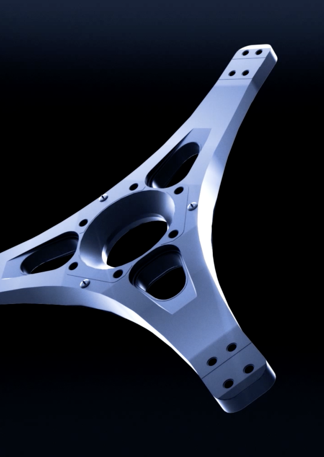 Close-up of a metallic spacecraft or rocket part with a sleek design, set against a dark background.