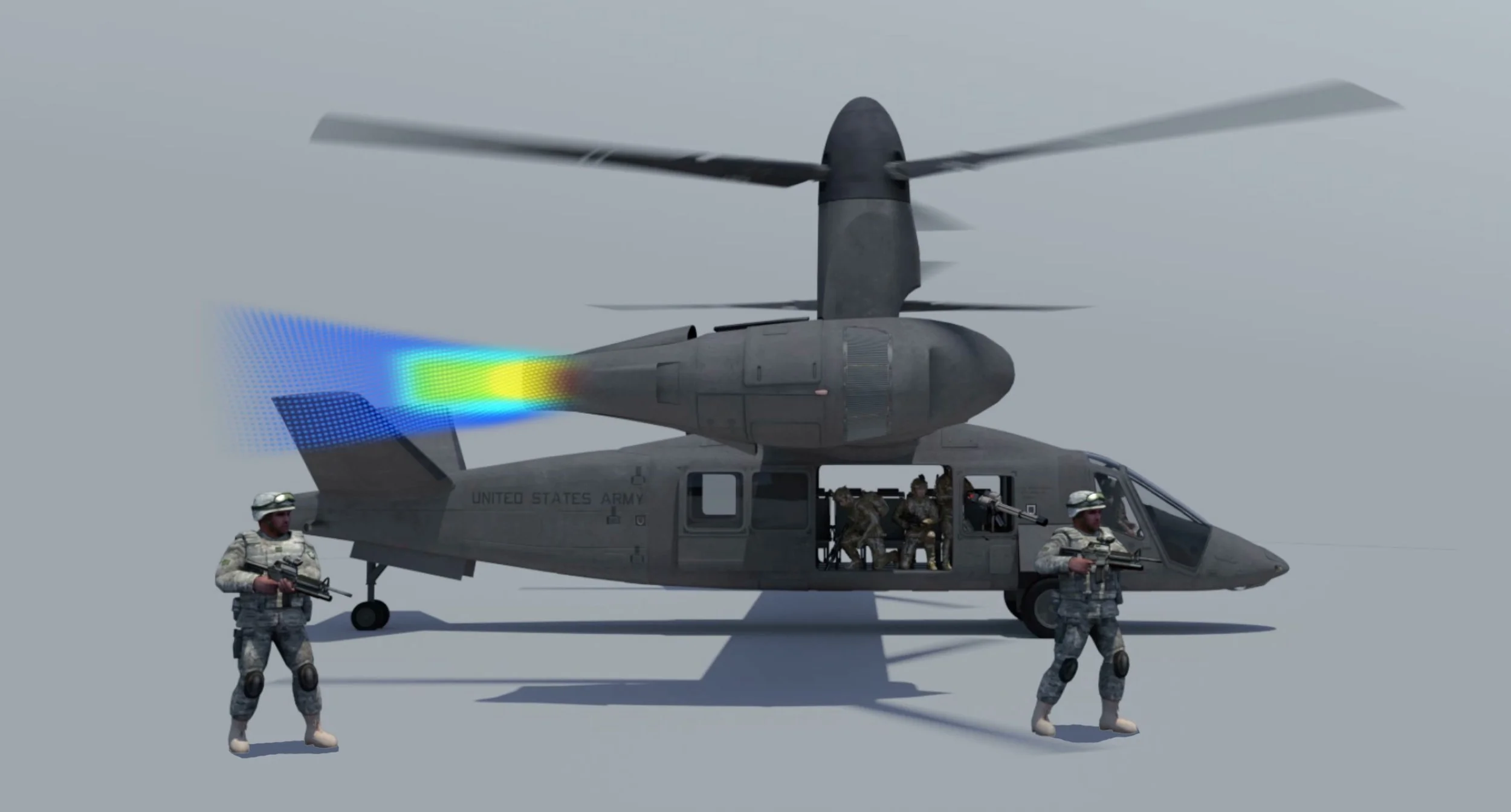 Military helicopter with soldiers around it, ejecting simulated missile or exhaust, on a gray background.