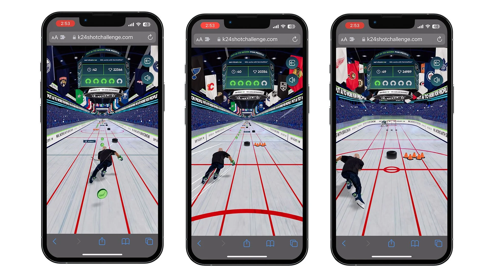Three smartphones display an online hockey training game with a player practicing skating skills on a virtual rink, featuring cones and hockey pucks for drills.