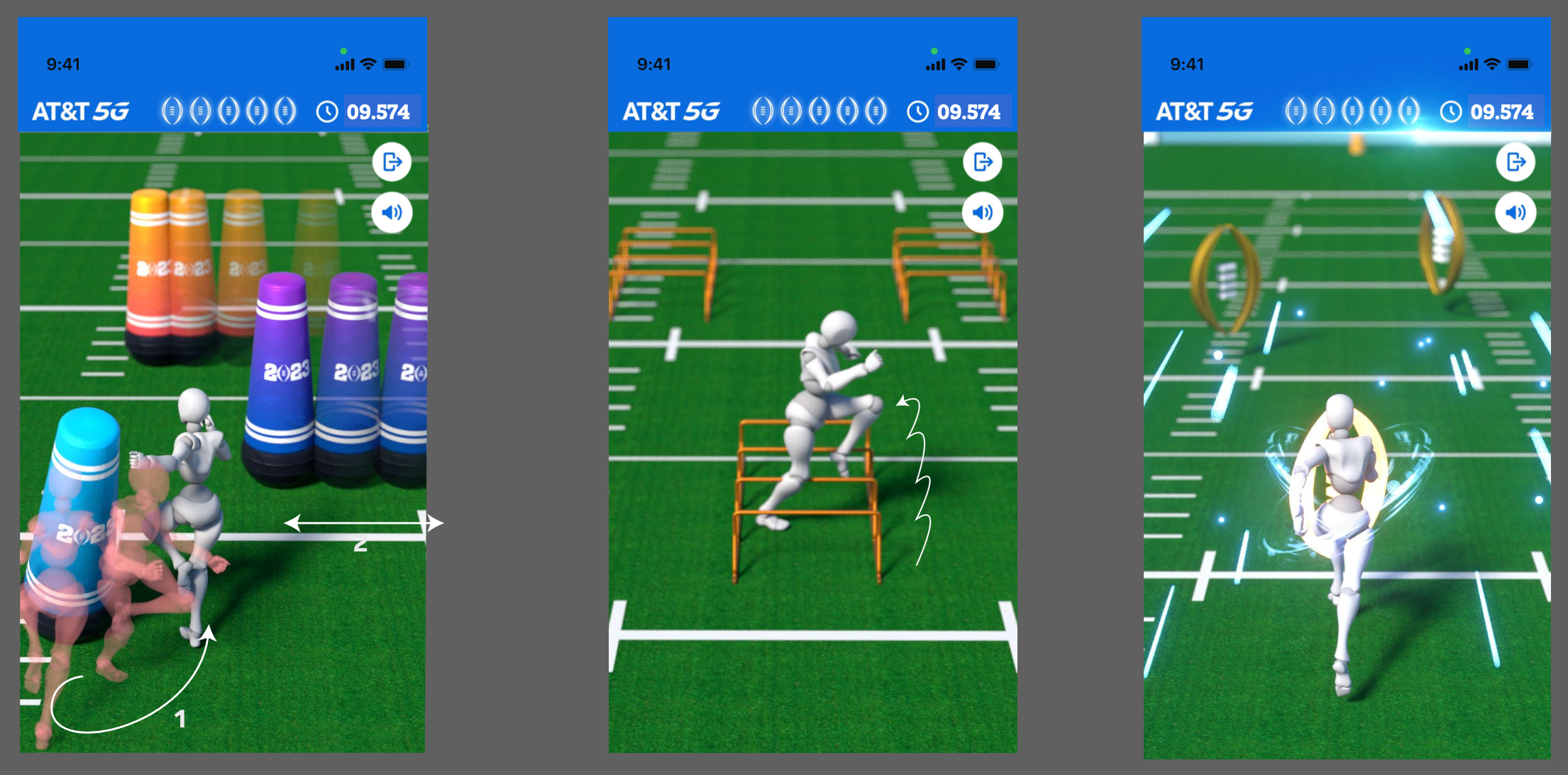Screenshots of a mobile app showing a virtual athletic training session with animations of a humanoid figure performing drills such as stepping over hurdles, running through agility ladders, and zigzagging around cones on a football field.