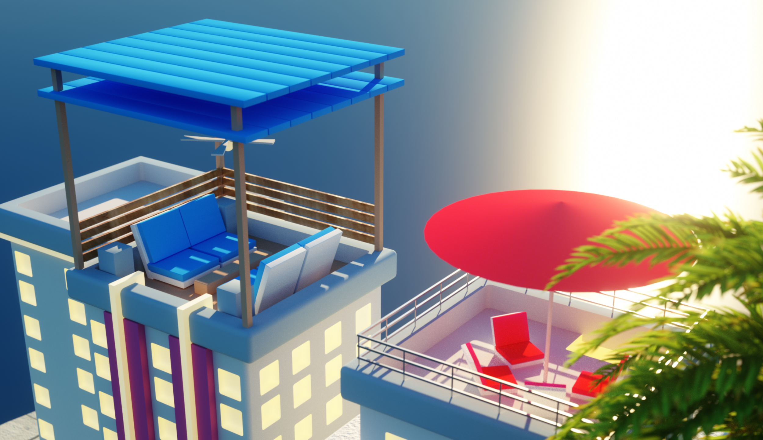 A digital rendering of a modern rooftop pool area with a blue two-tiered canopy, red umbrella, and seating area with red chairs, overlooking a cityscape at sunset.