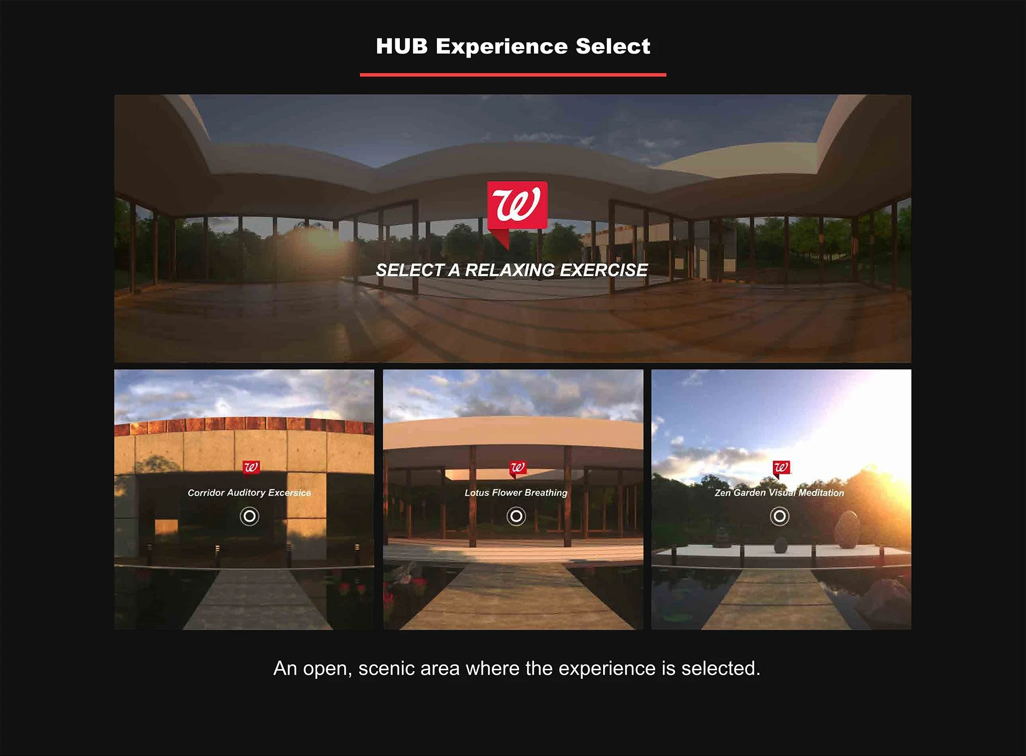 A screen displaying different scenic experiences to select, including scenic areas with natural landscapes and garden views, with a central logo and the text 'HUB Experience Select' and 'Select a Relaxing Exercise'.