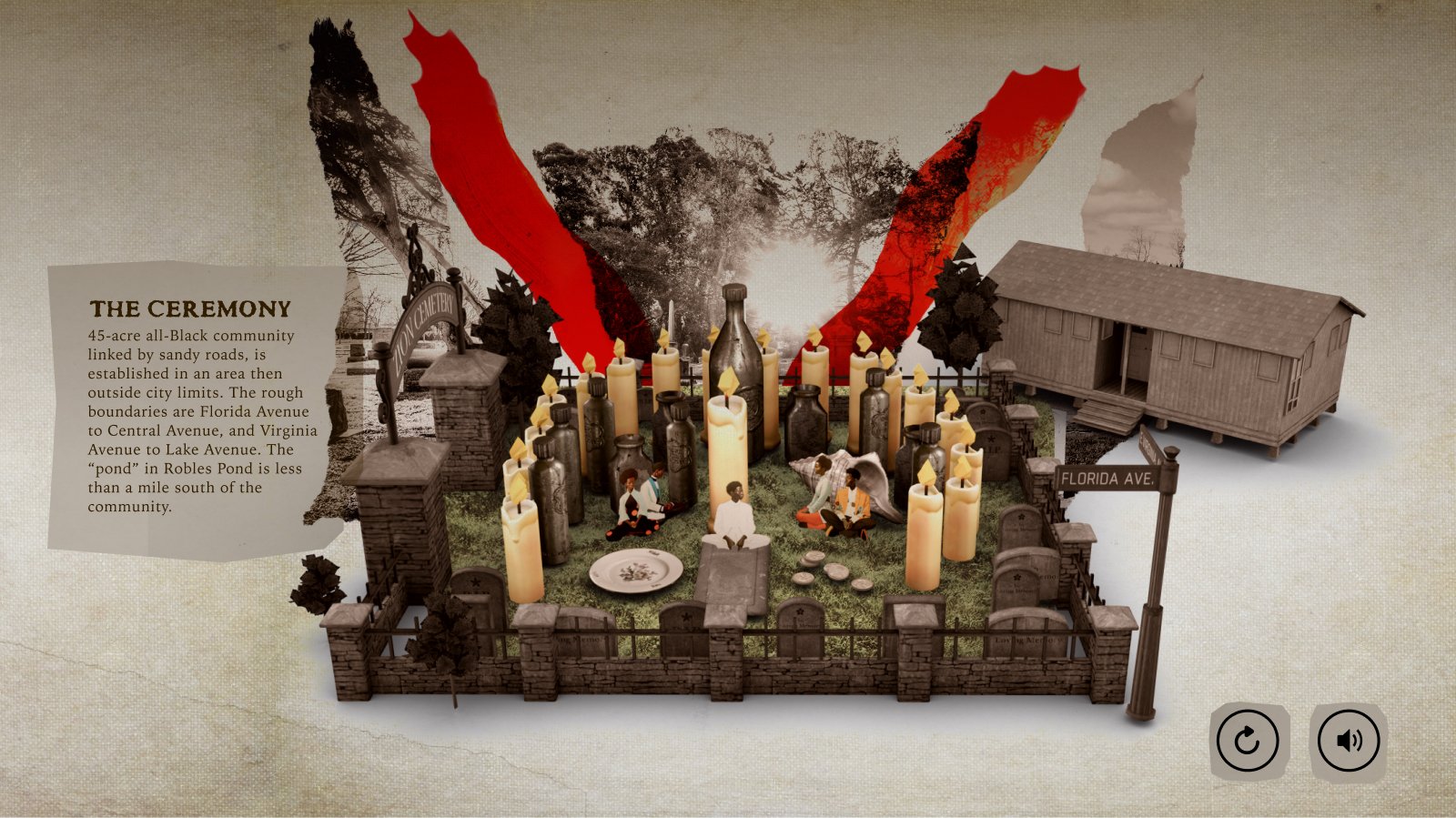 A model of a memorial for the 45-acre all-Black community linked by sandy roads, enclosed by a brick fence with candles, small figures, and trees, with a sign reading 'Robles Cemetery' and street signs for Florida Avenue and Virginia Avenue.
