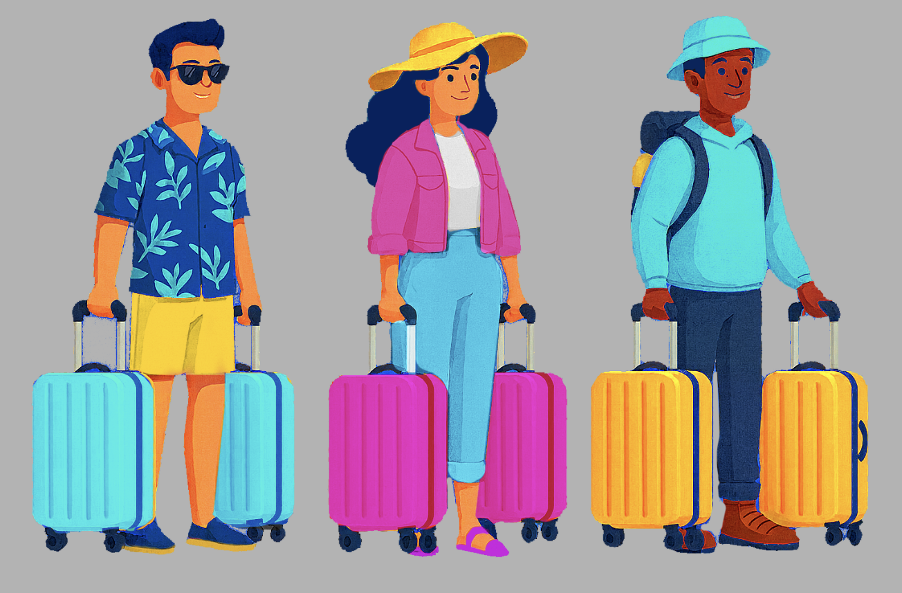 Three young adults with suitcases standing in a row, dressed in casual summer clothes, some wearing hats and sunglasses, against a plain gray background.