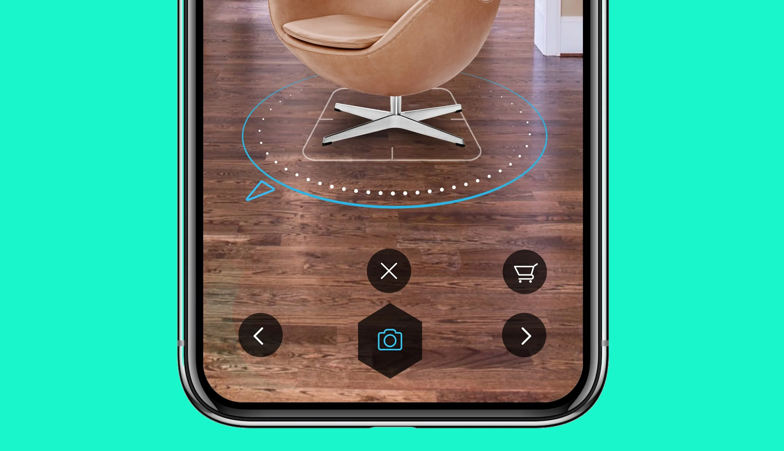 Smartphone screen showing an augmented reality app with a chair overlay on a wooden floor. The app interface includes navigation and mode icons.