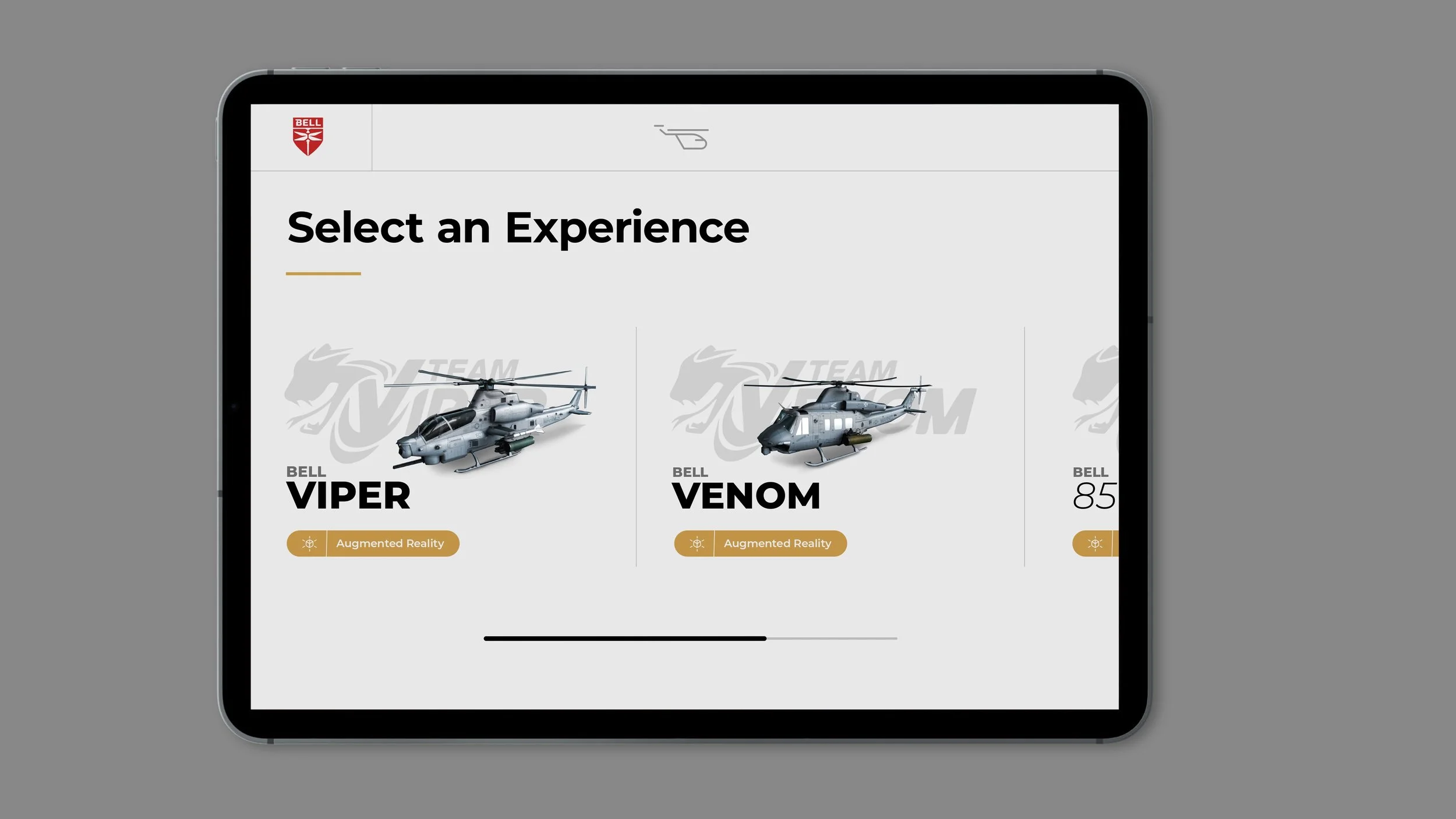 Tablet screen displaying a selection of military helicopter experiences called 'Select an Experience', featuring models named Viper and Venom, with icons indicating augmented reality features.