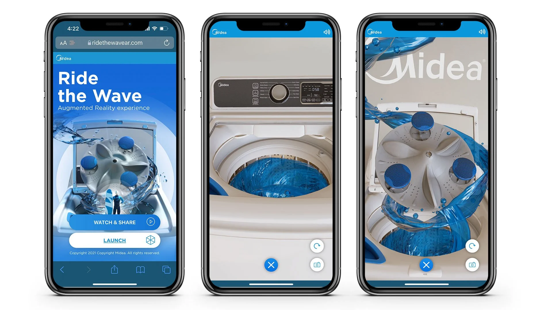 Smartphone screens displaying augmented reality experiences involving washing machines and speakers, with water splashes and blue decorative elements.